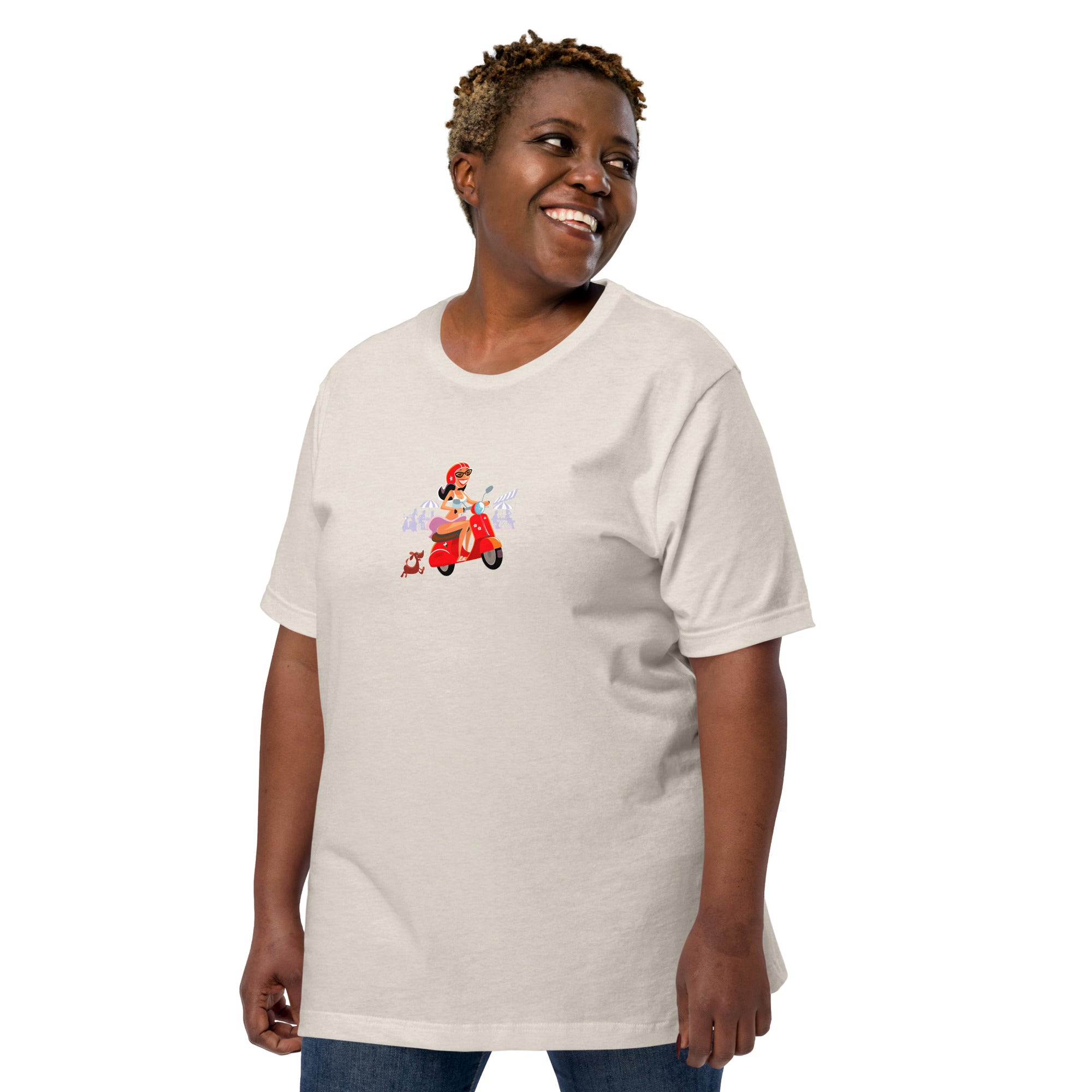 T-shirt en coton unisexe Vespa Girl in St Tropez sur couleurs chinées claires