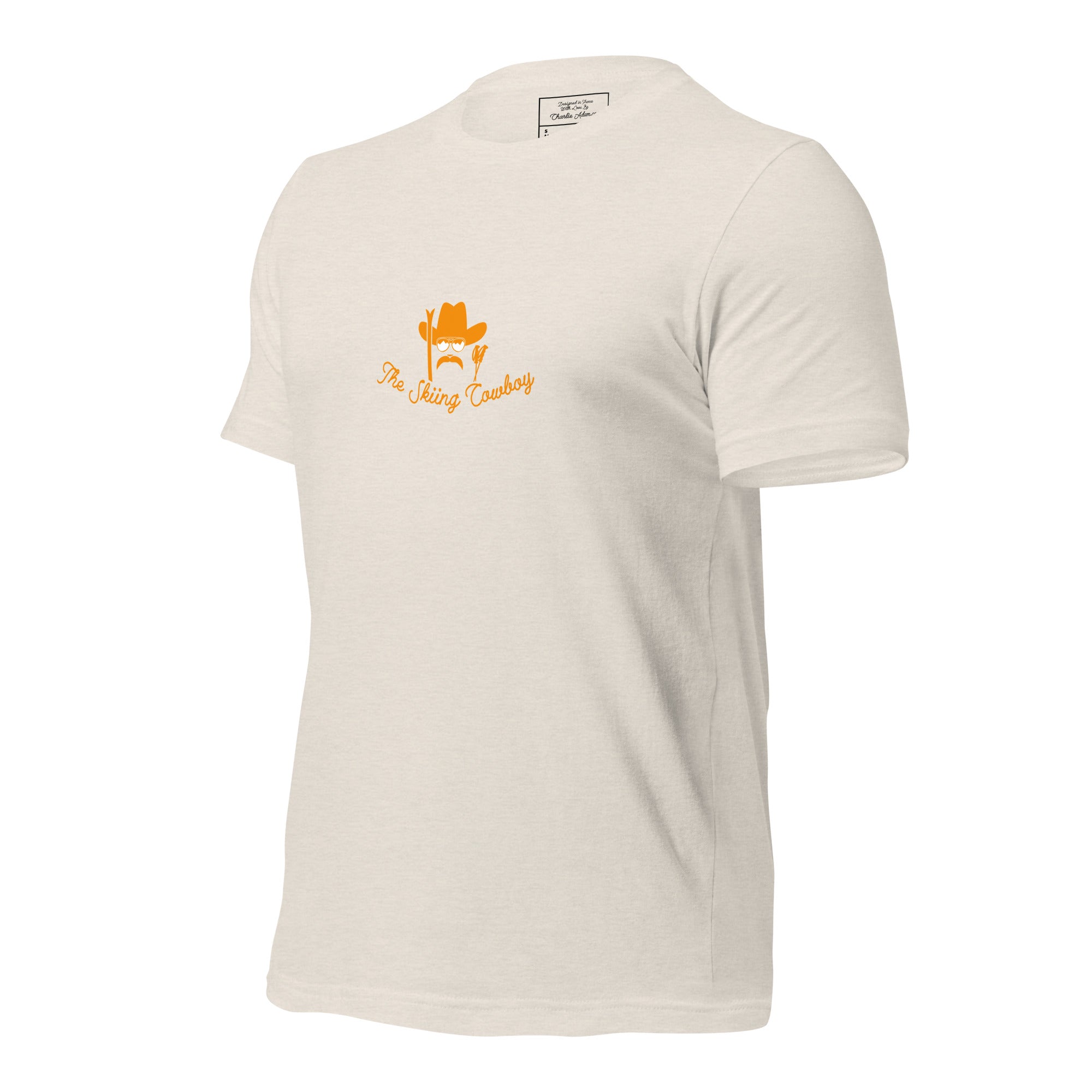 T-shirt en coton unisexe Skiing Cowboy (face) & Ski Fight at OK Corral Outline (dos) sur couleurs chinées claires