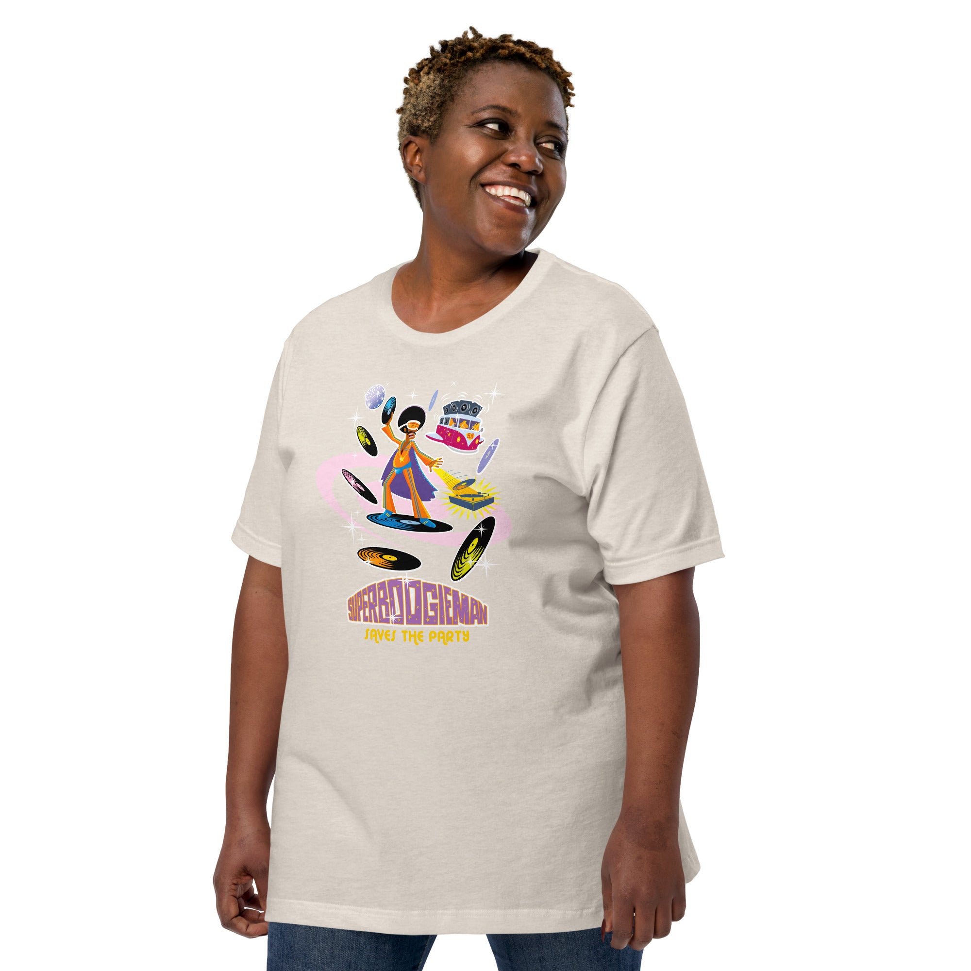 Unisex t-shirt Superboogieman saves the Party on light heather colors