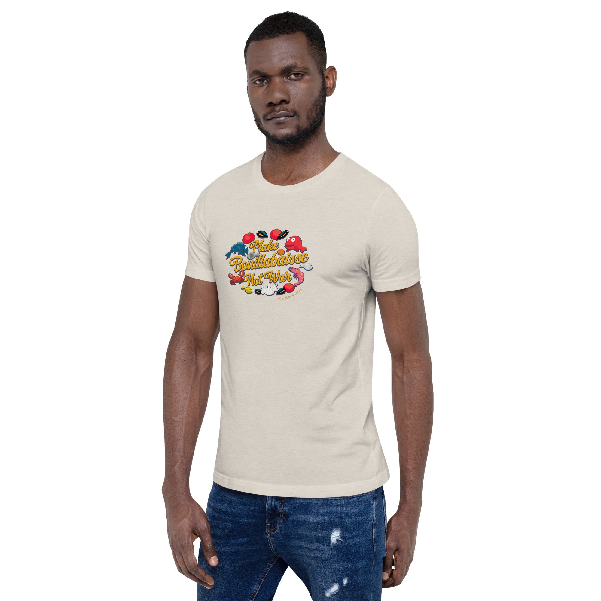 T-shirt en coton unisexe Make Bouillabaisse Not War sur couleurs chinées claires