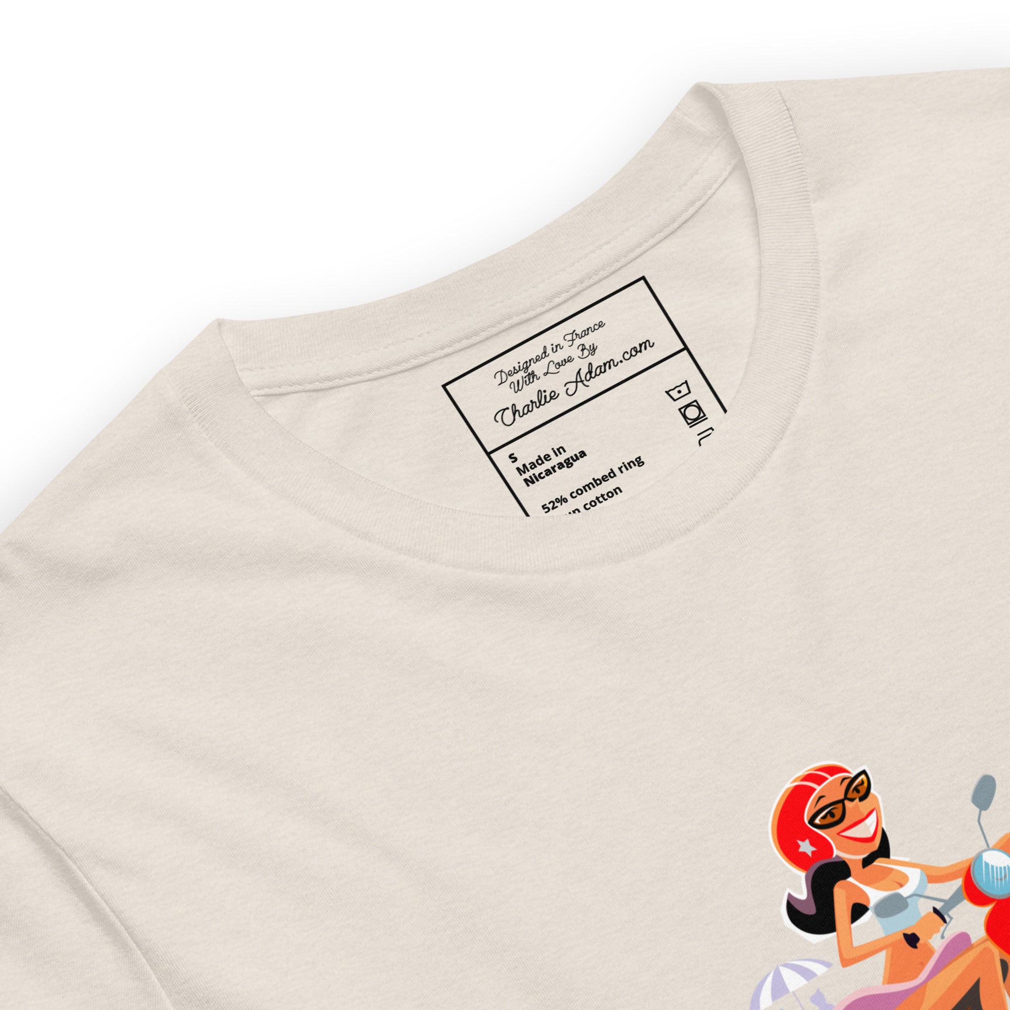 T-shirt en coton unisexe Vespa Girl in St Tropez sur couleurs chinées claires