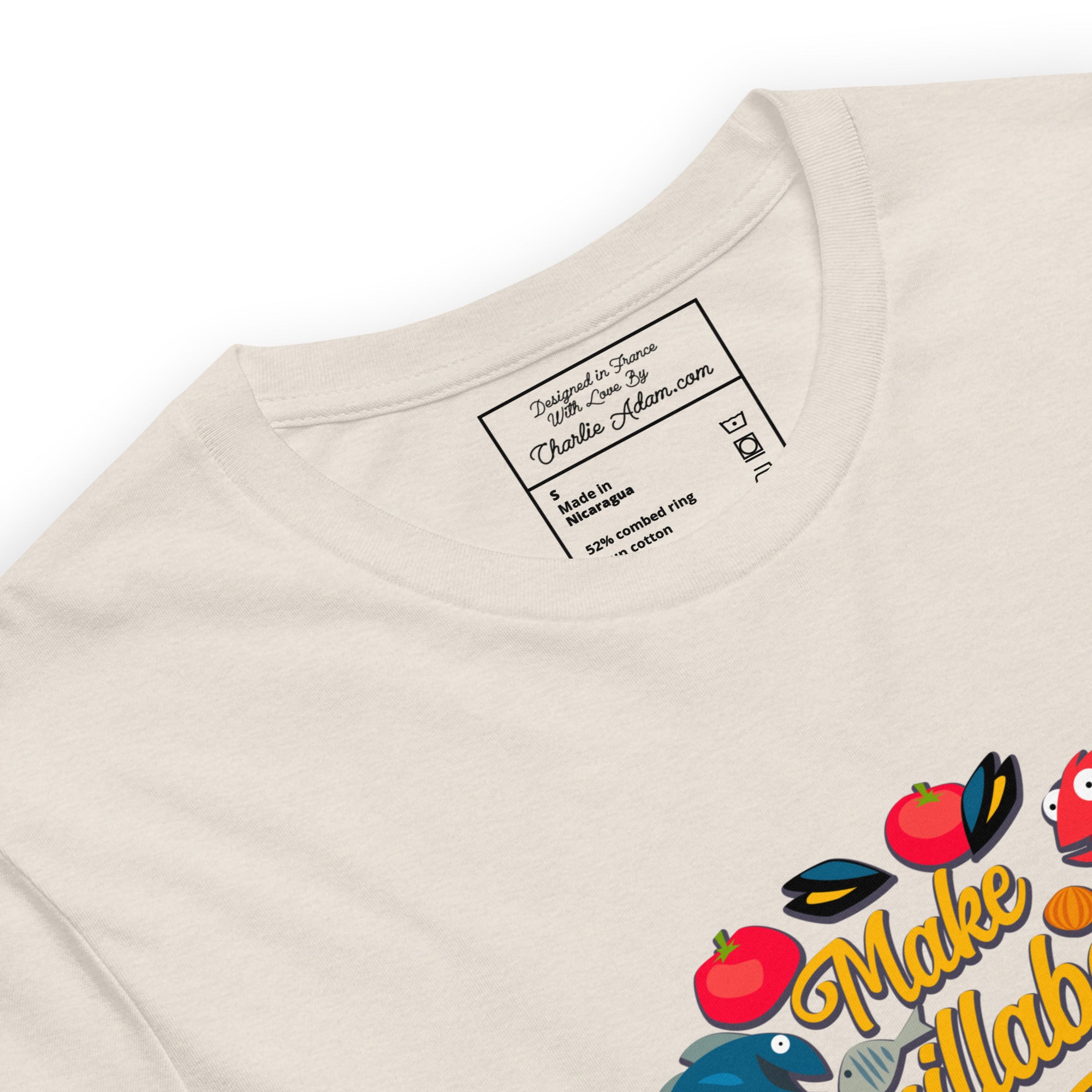 T-shirt en coton unisexe Make Bouillabaisse Not War sur couleurs chinées claires