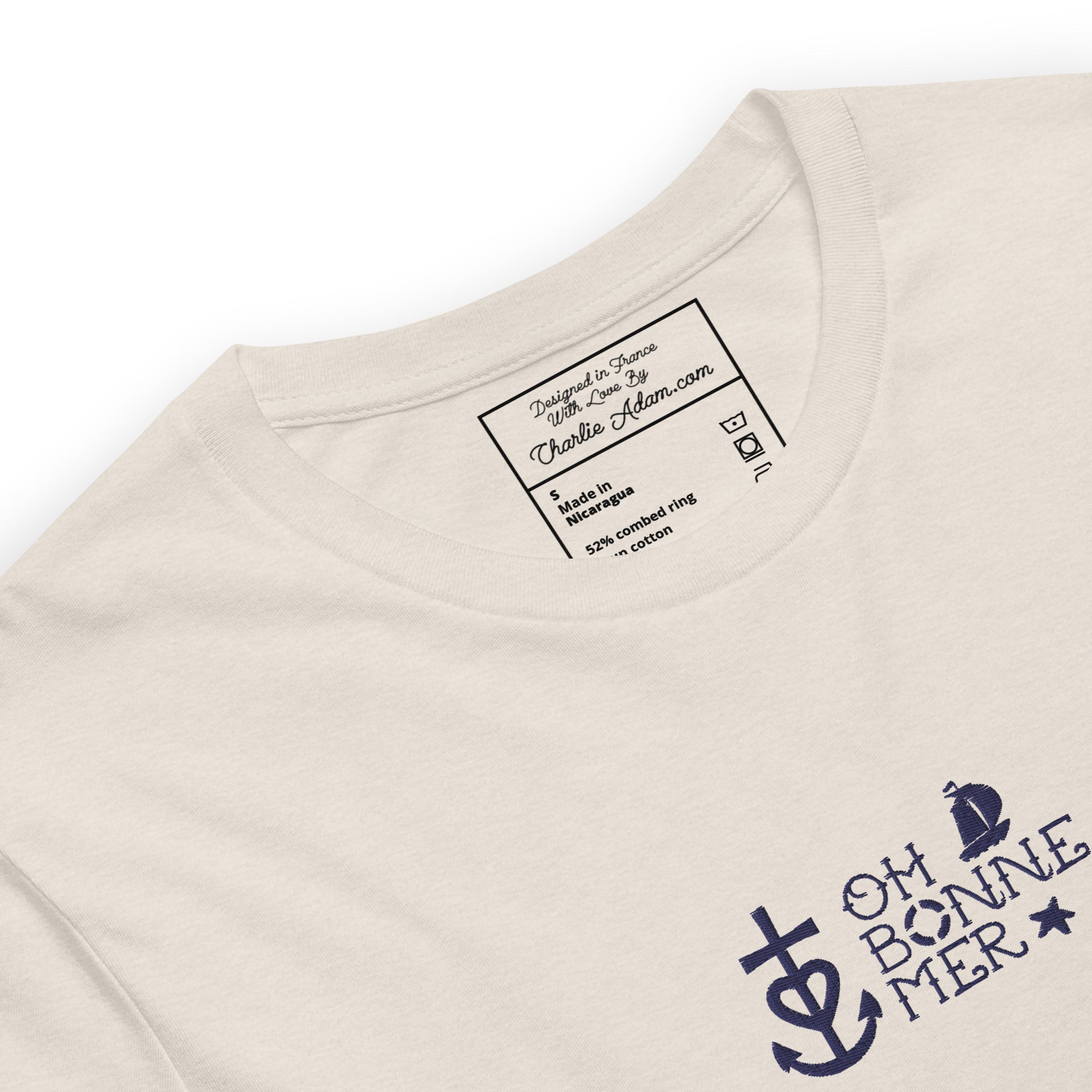 T-shirt en coton unisexe Oh Bonne Mer 2 navy brodé sur couleurs chinées claires