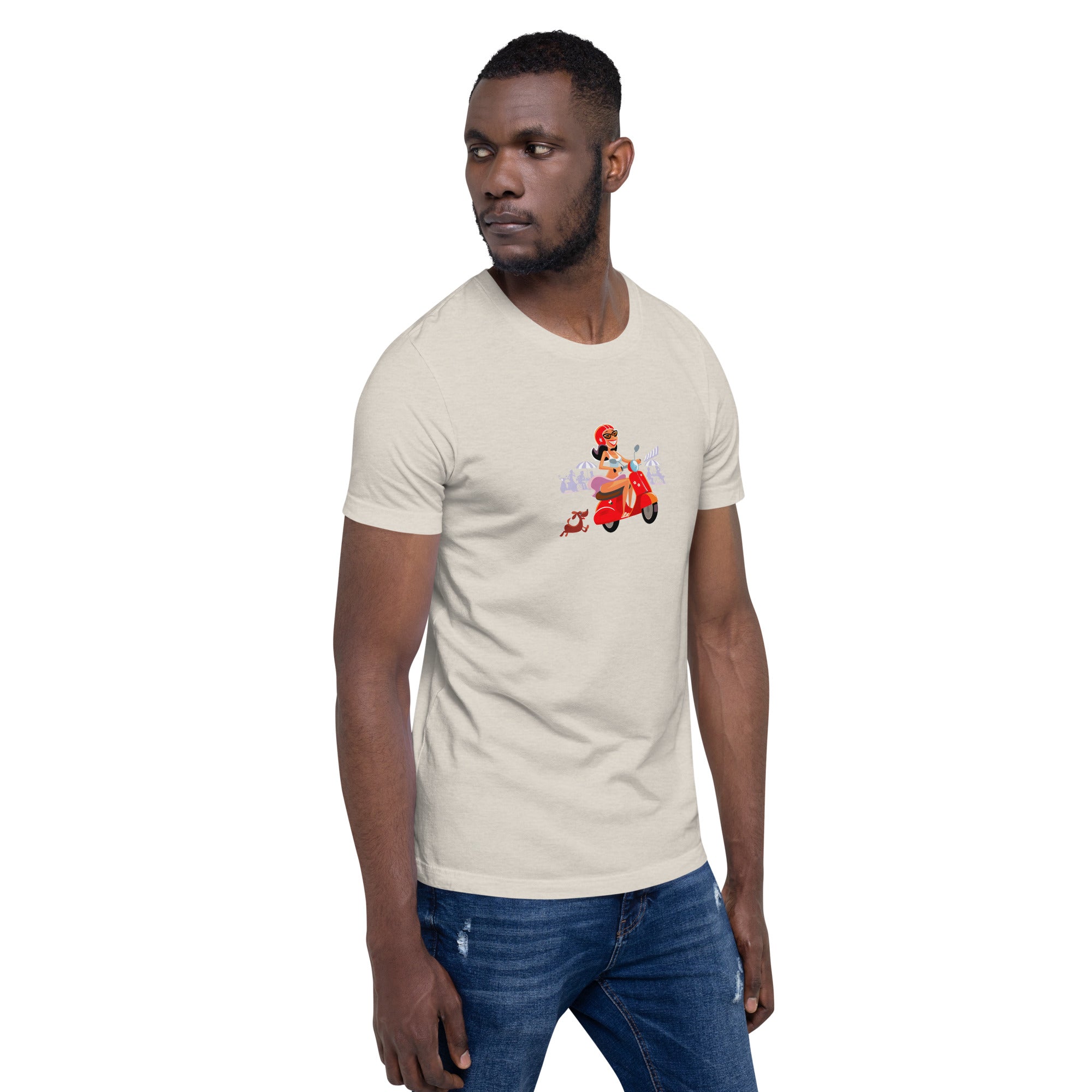 T-shirt en coton unisexe Vespa Girl in St Tropez sur couleurs chinées claires