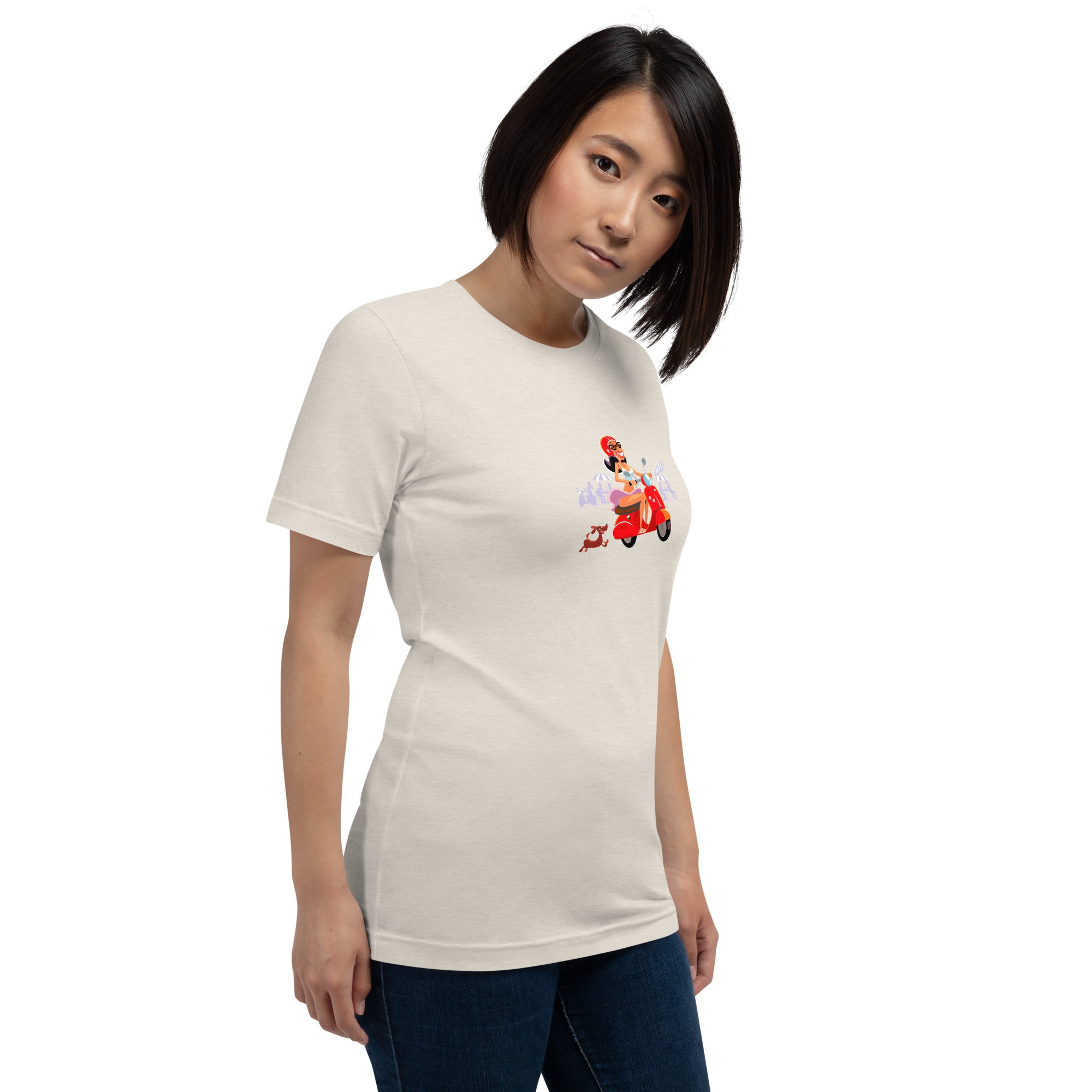 T-shirt en coton unisexe Vespa Girl in St Tropez sur couleurs chinées claires