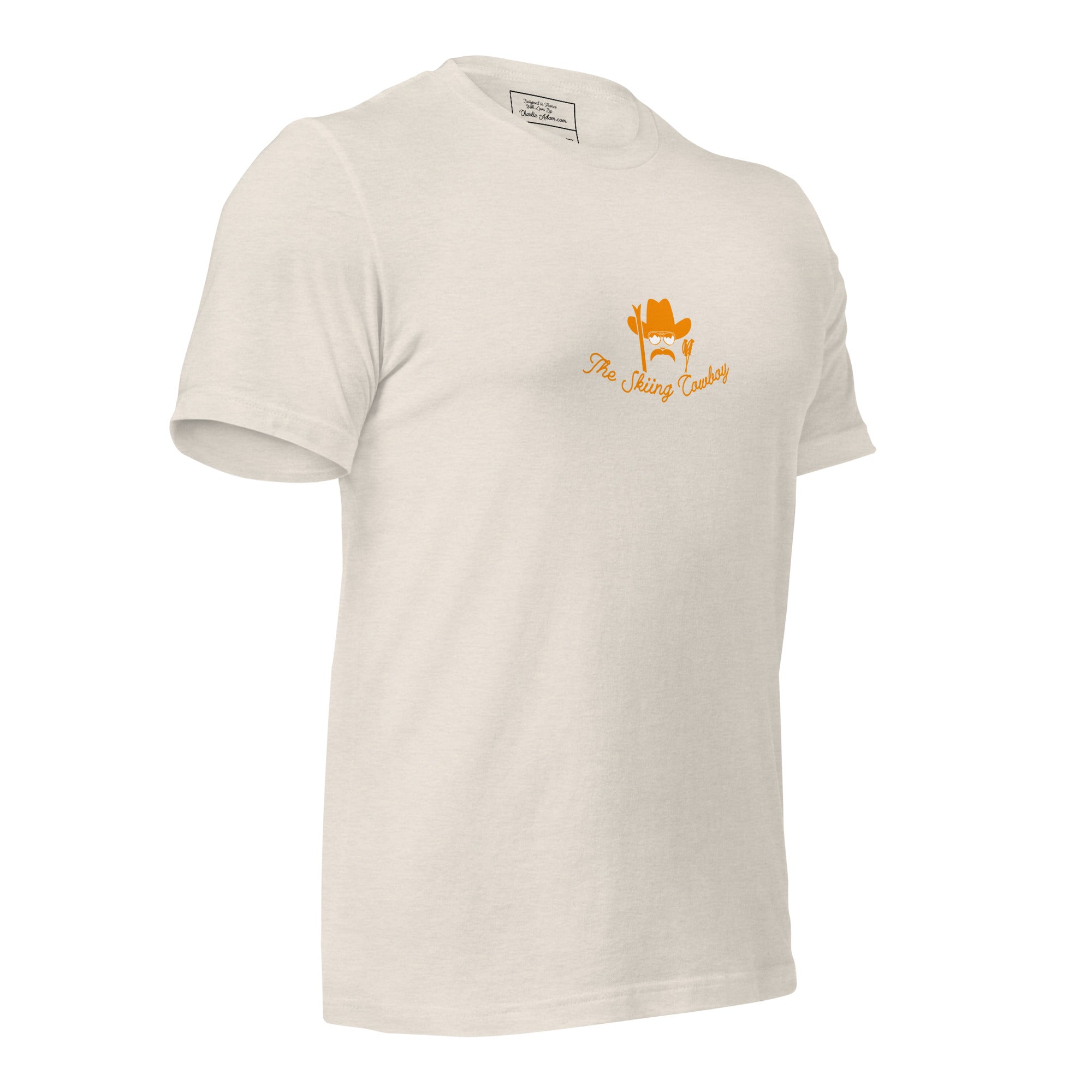 T-shirt en coton unisexe Skiing Cowboy (face) & Ski Fight at OK Corral Outline (dos) sur couleurs chinées claires