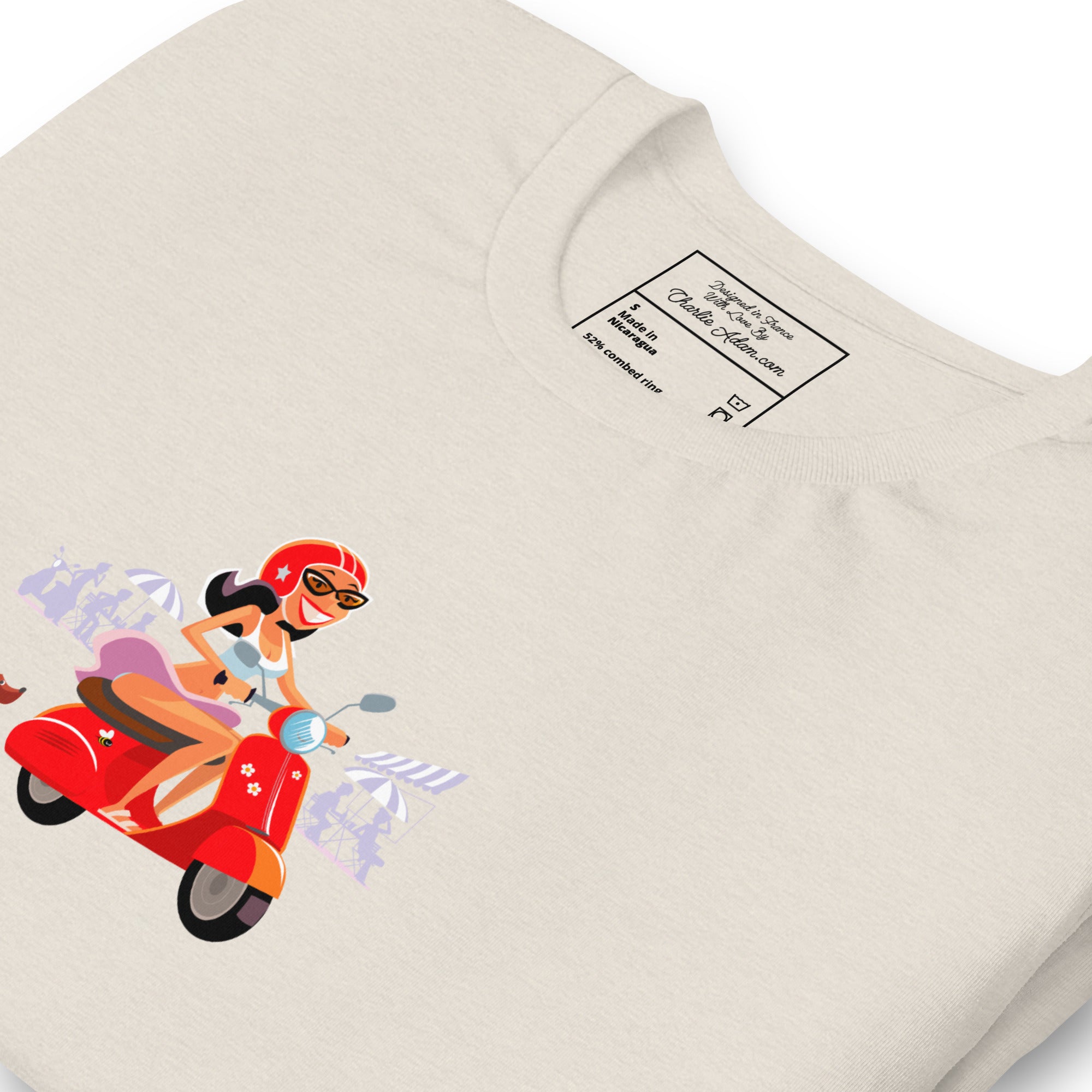 T-shirt en coton unisexe Vespa Girl in St Tropez sur couleurs chinées claires