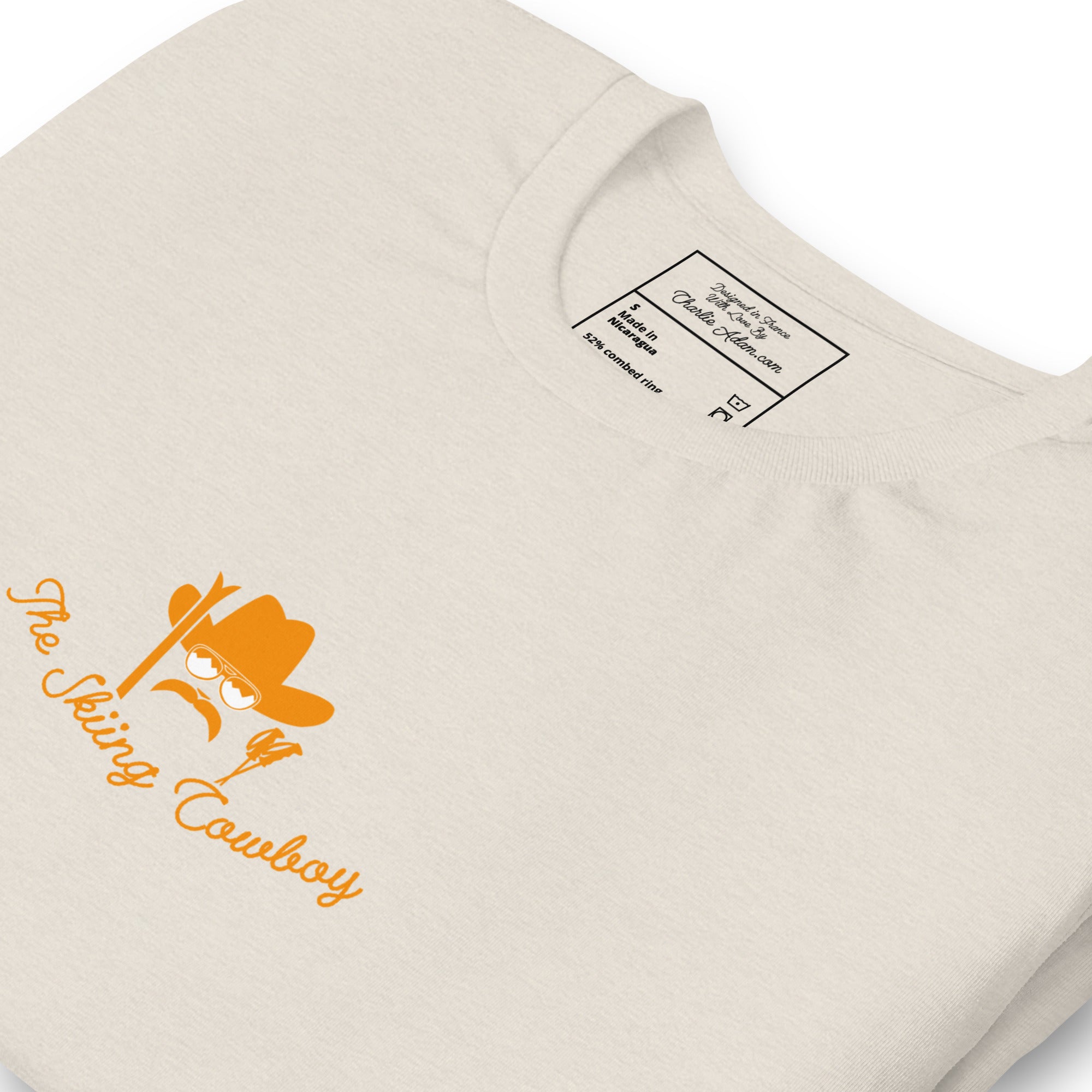 T-shirt en coton unisexe Skiing Cowboy (face) & Ski Fight at OK Corral Outline (dos) sur couleurs chinées claires