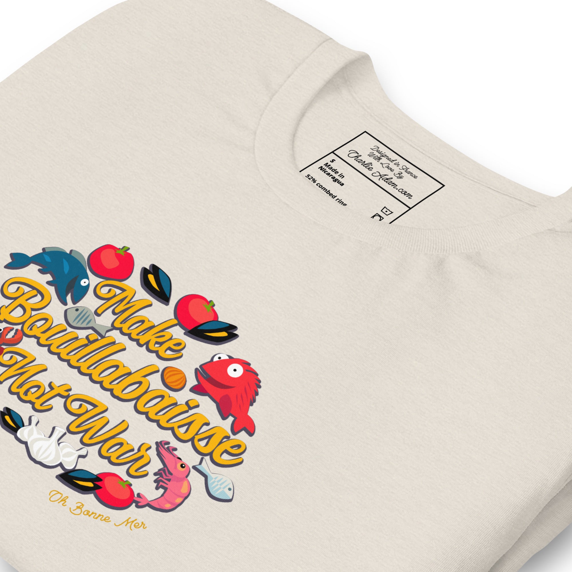 T-shirt en coton unisexe Make Bouillabaisse Not War sur couleurs chinées claires