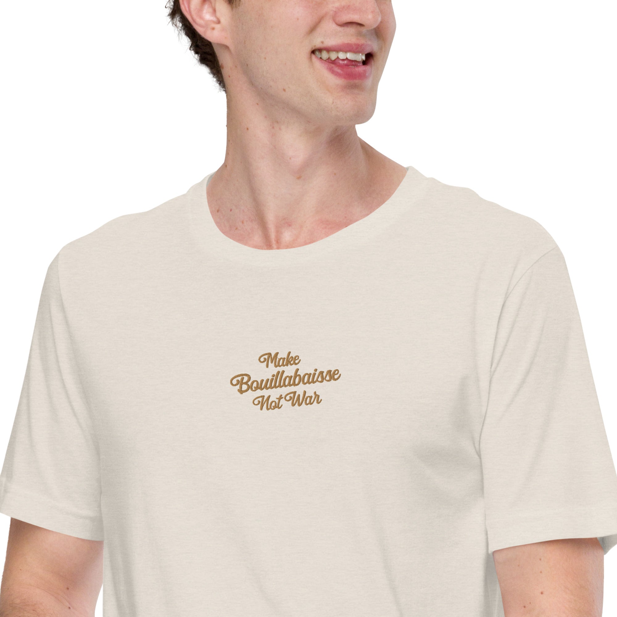 Unisex t-shirt Make Bouillabaisse Not War Text Only old gold embroidered pattern on light heather colors