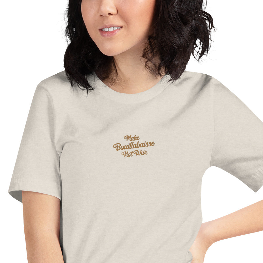 Unisex t-shirt Make Bouillabaisse Not War Text Only old gold embroidered pattern on light heather colors