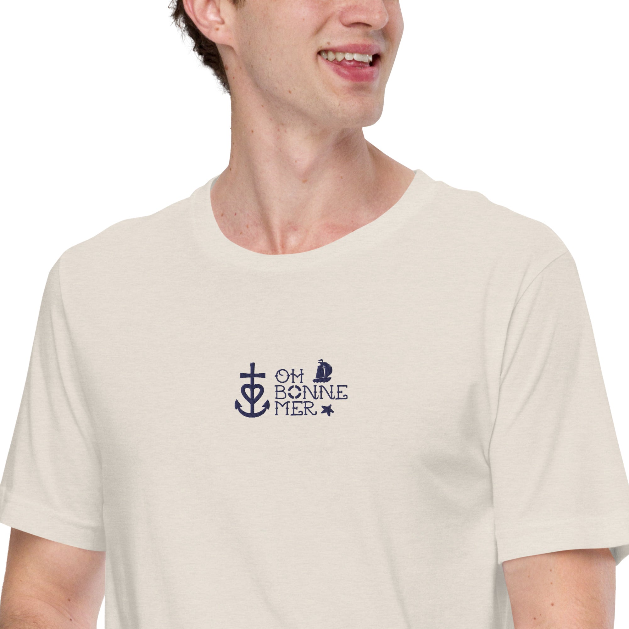 T-shirt en coton unisexe Oh Bonne Mer 2 navy brodé sur couleurs chinées claires