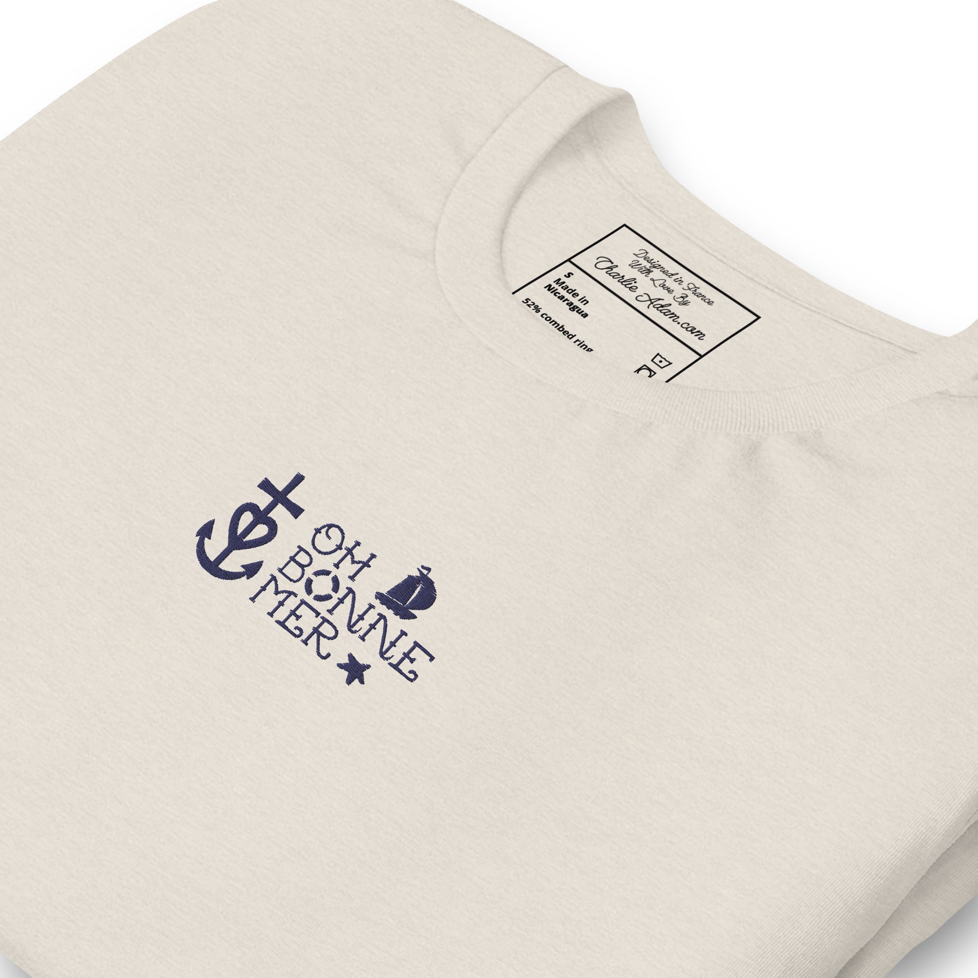 T-shirt en coton unisexe Oh Bonne Mer 2 navy brodé sur couleurs chinées claires