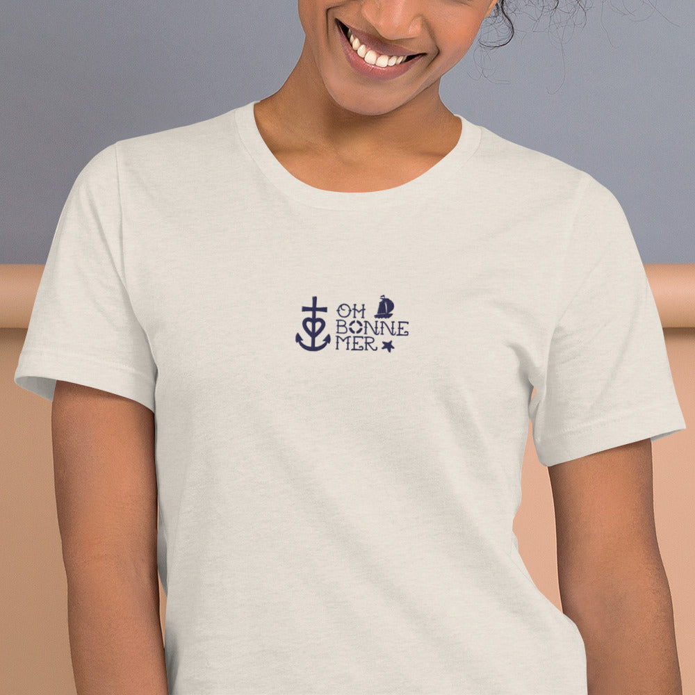 T-shirt en coton unisexe Oh Bonne Mer 2 navy brodé sur couleurs chinées claires