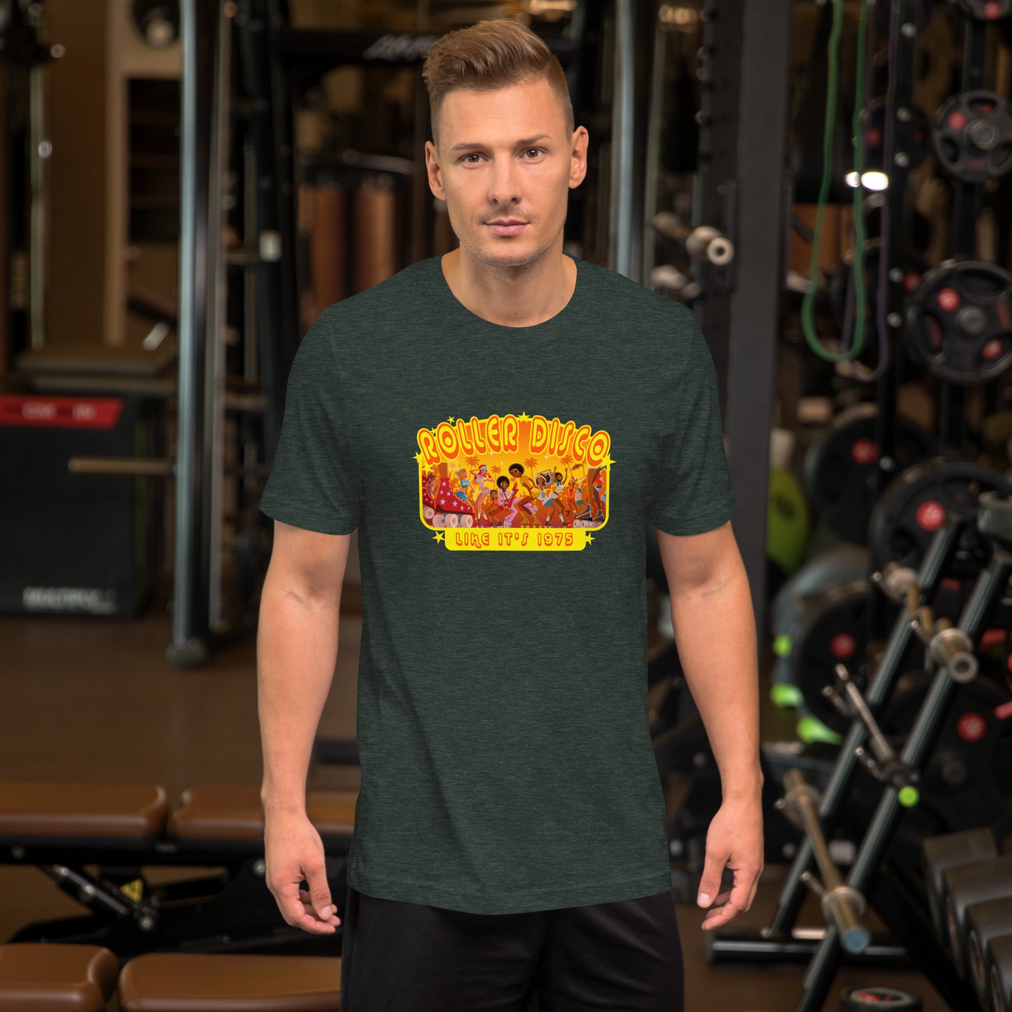 T-shirt en coton unisexe Roller Disco 1975 sur couleurs chinées foncées