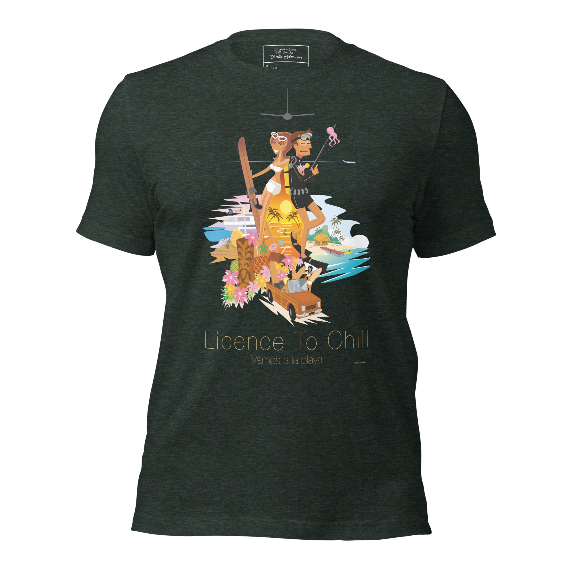 T-shirt en coton unisexe License to Chill Vamos a la playa sur couleurs chinées foncées