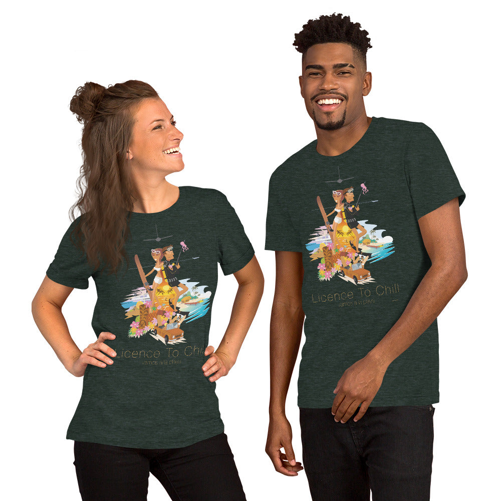 T-shirt en coton unisexe License to Chill Vamos a la playa sur couleurs chinées foncées