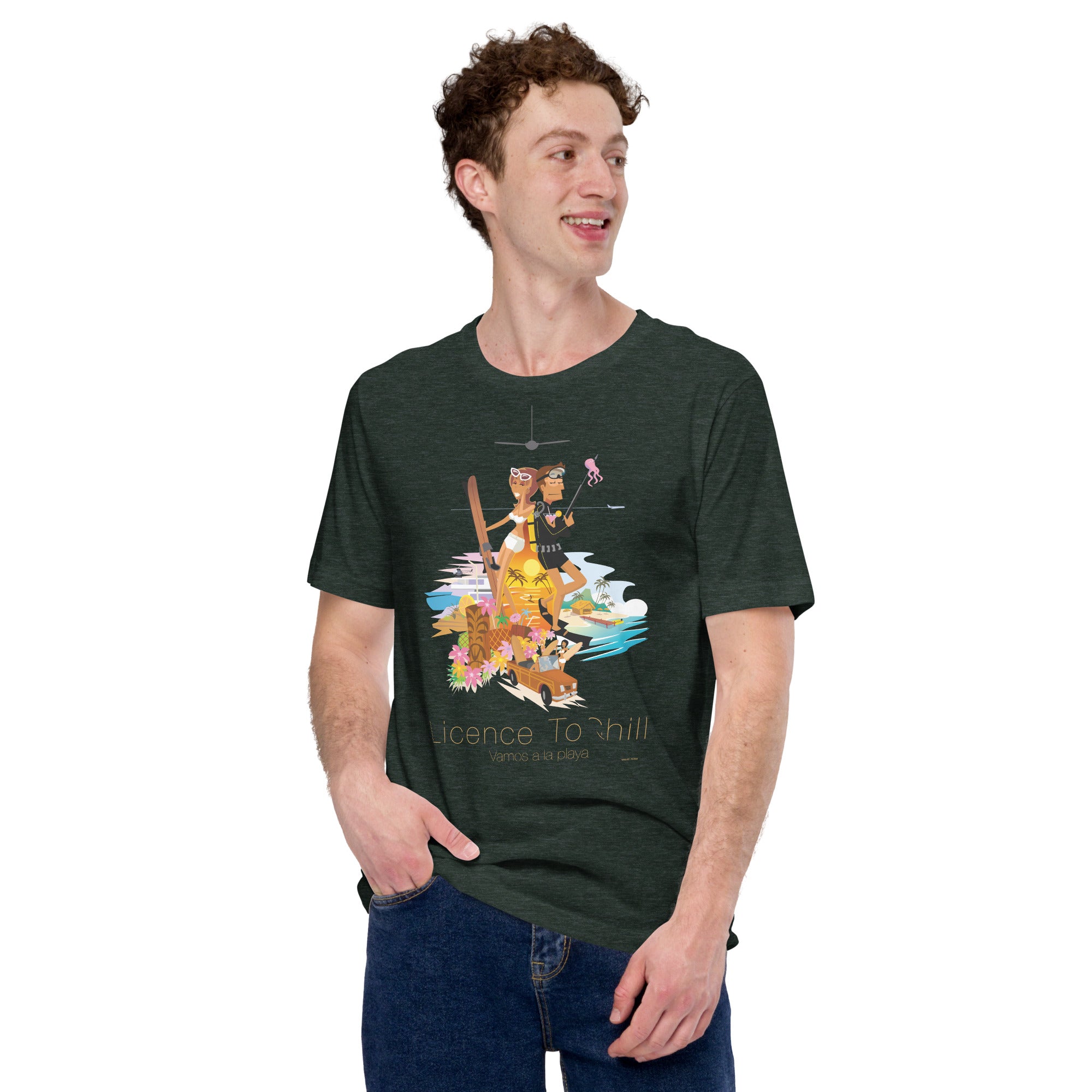 T-shirt en coton unisexe License to Chill Vamos a la playa sur couleurs chinées foncées