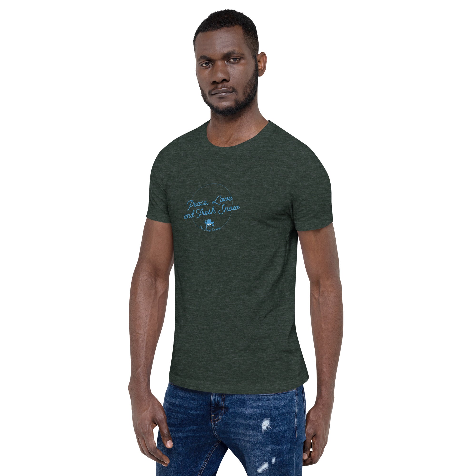 T-shirt en coton unisexe Peace, Love and Fresh Snow sur couleurs chinées foncées