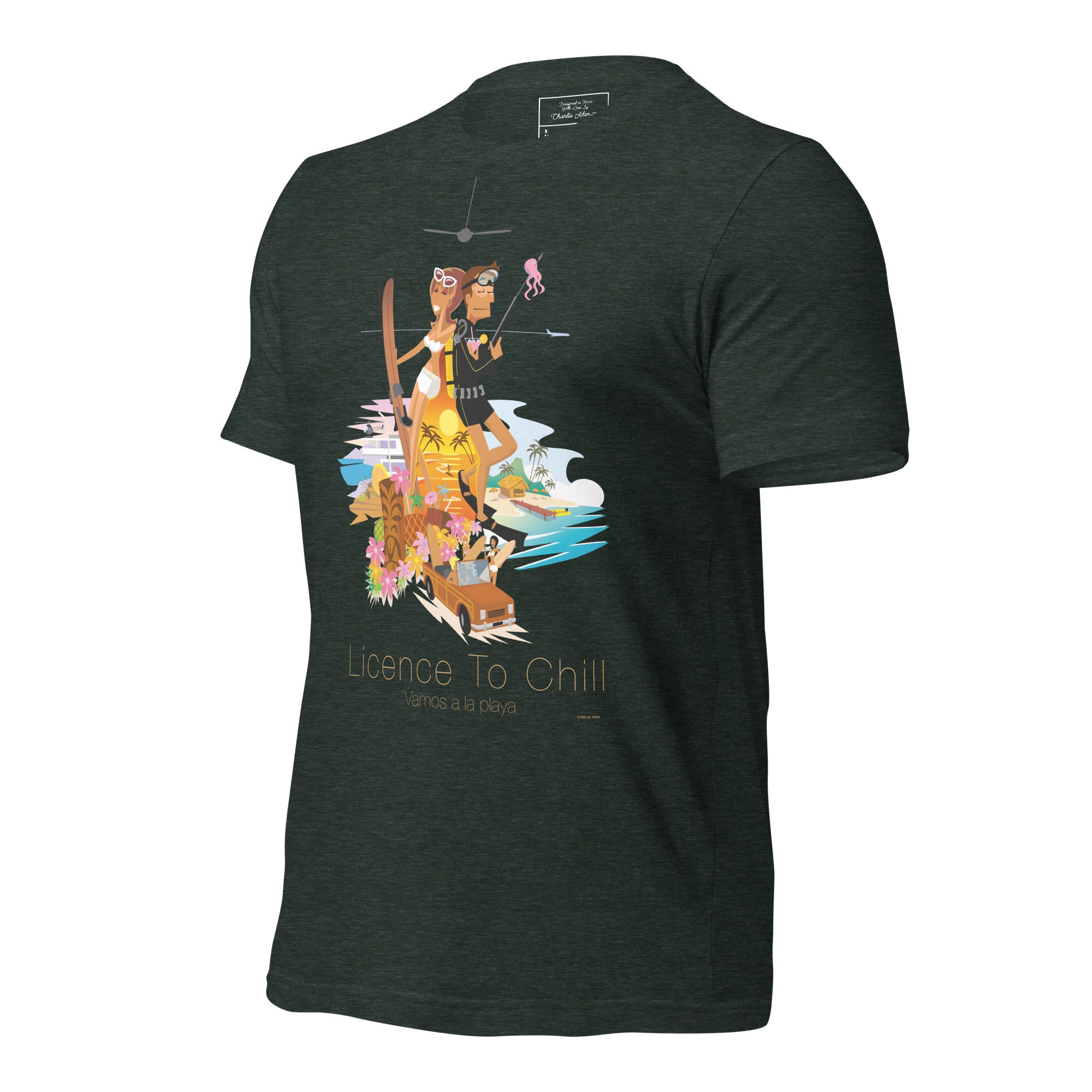 T-shirt en coton unisexe License to Chill Vamos a la playa sur couleurs chinées foncées