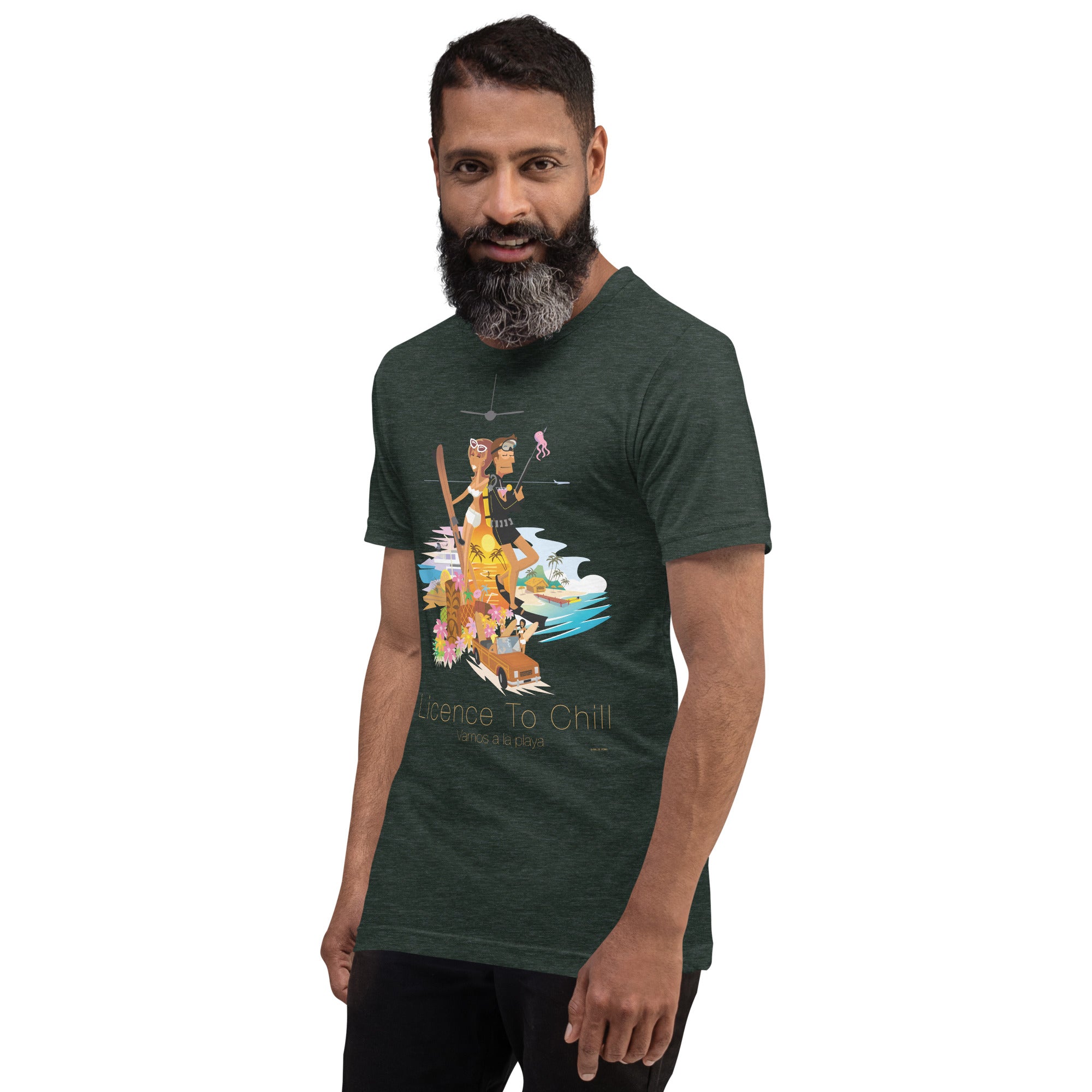 T-shirt en coton unisexe License to Chill Vamos a la playa sur couleurs chinées foncées