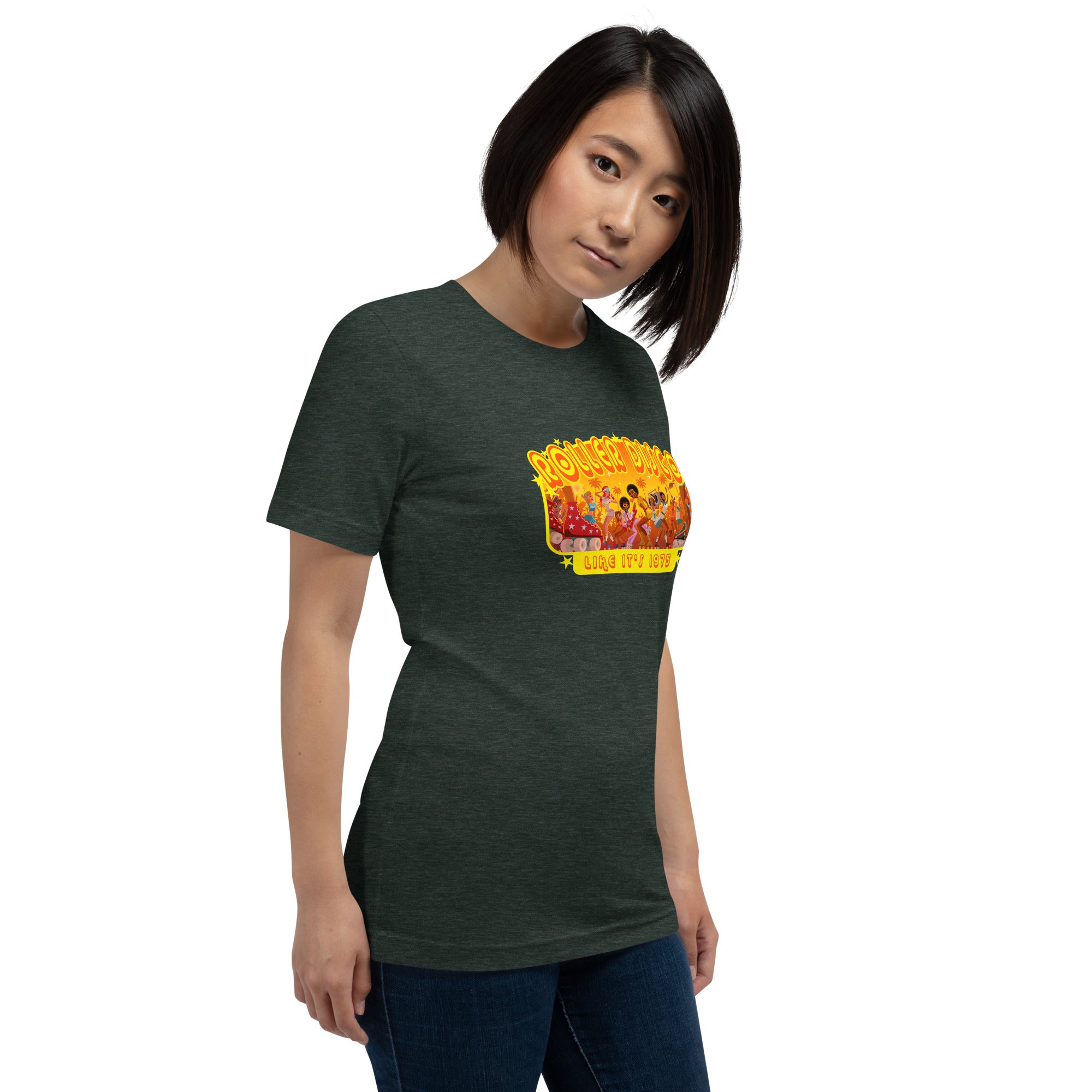 T-shirt en coton unisexe Roller Disco 1975 sur couleurs chinées foncées