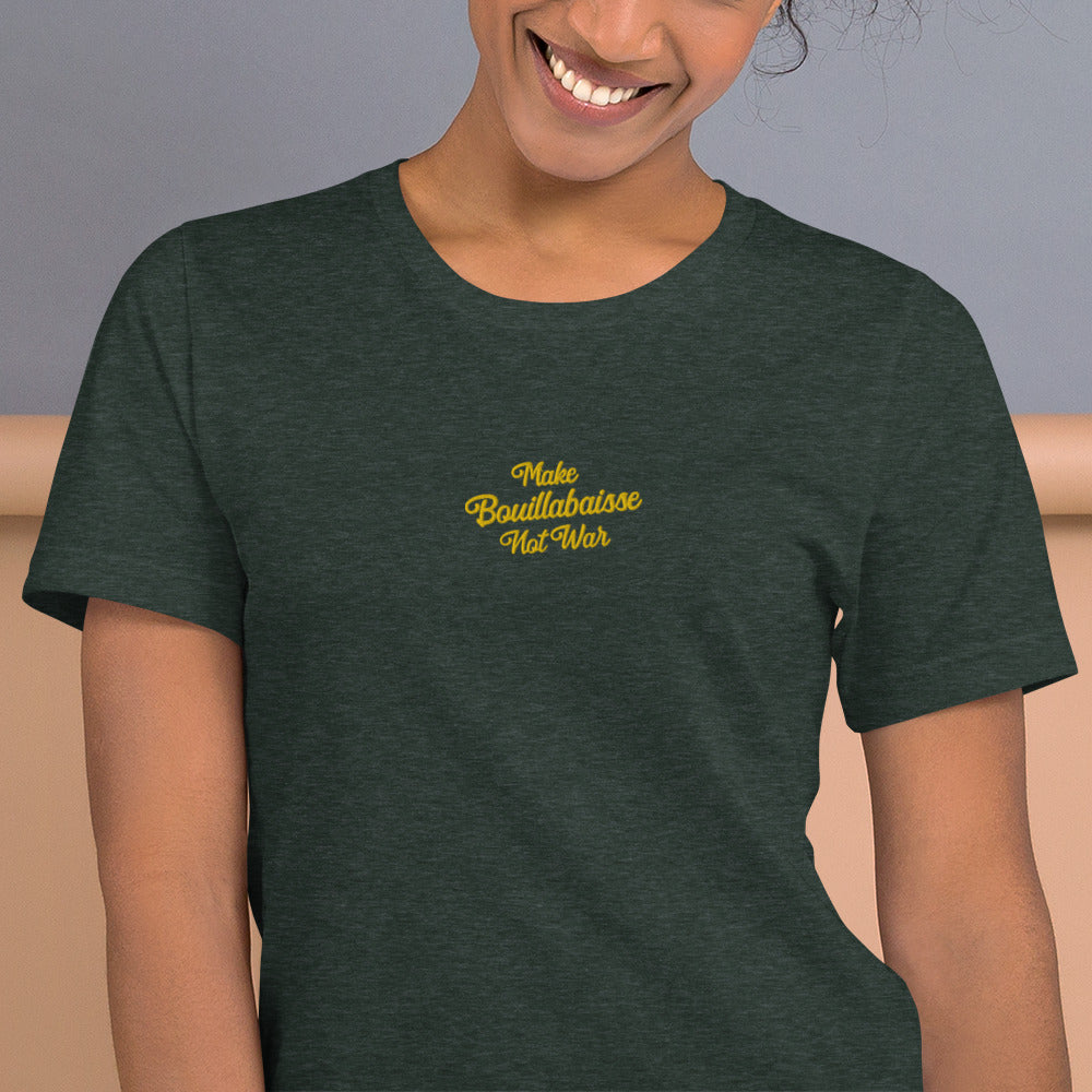 Unisex t-shirt Make Bouillabaisse Not War Text Only gold embroidered pattern on dark heather colors