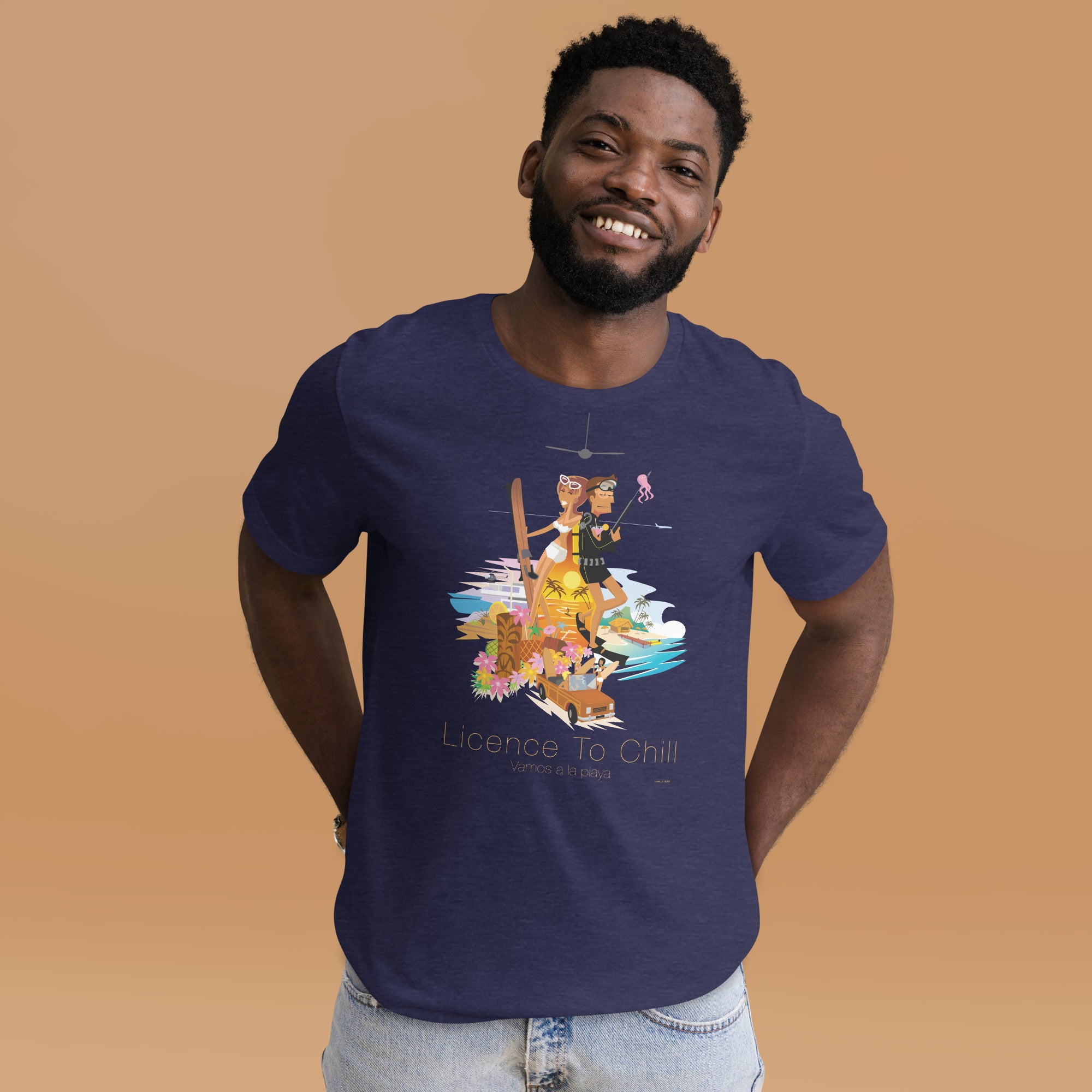 T-shirt en coton unisexe License to Chill Vamos a la playa sur couleurs chinées foncées