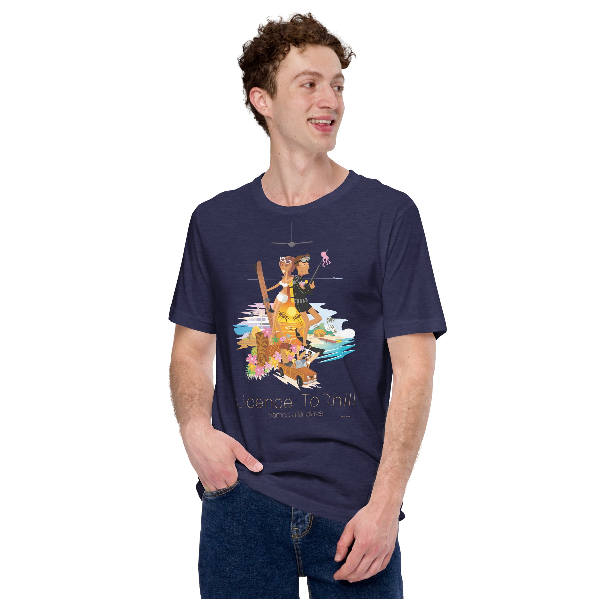 T-shirt en coton unisexe License to Chill Vamos a la playa sur couleurs chinées foncées