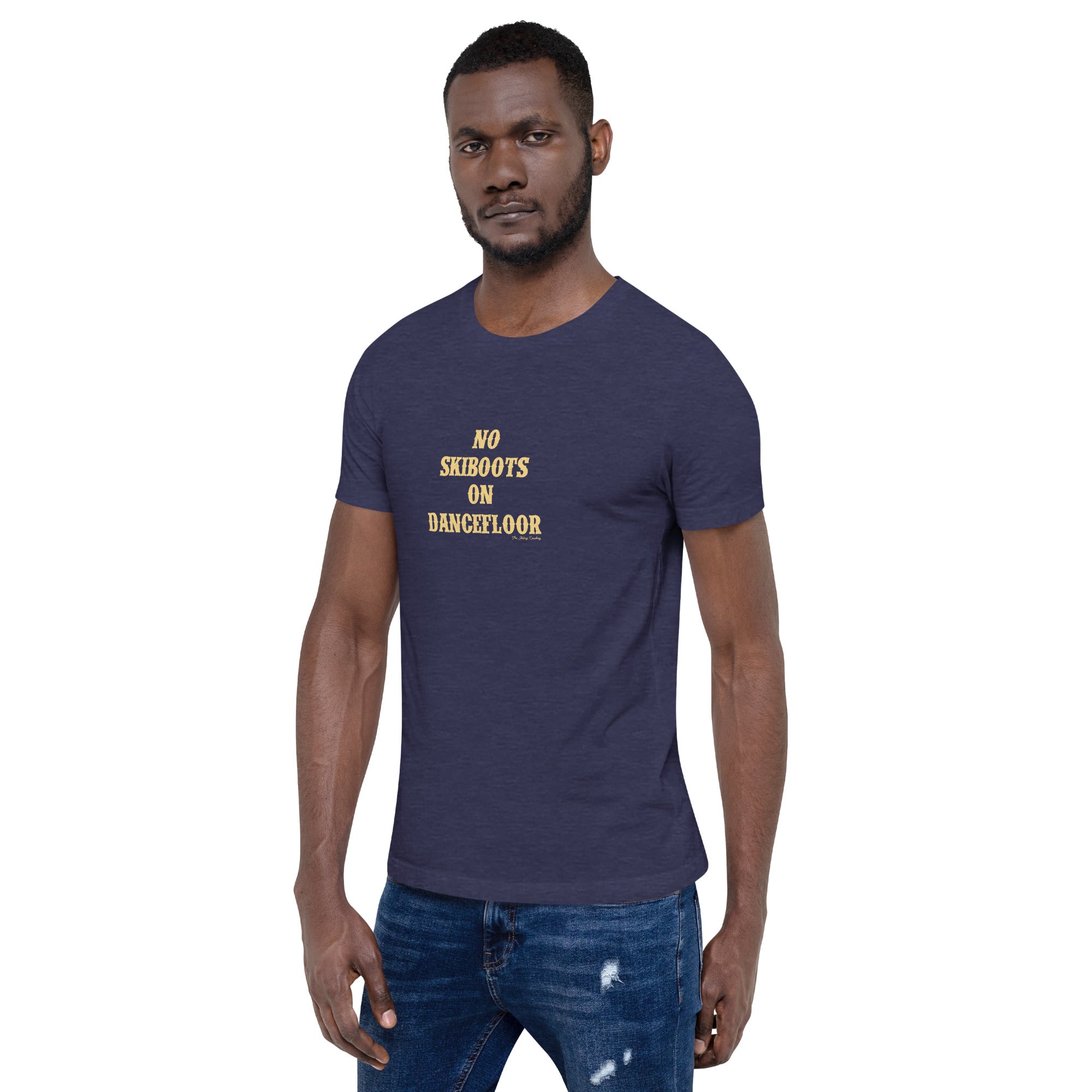 T-shirt en coton unisexe No Skiboots on Dancefloor sur fonds chinés foncés