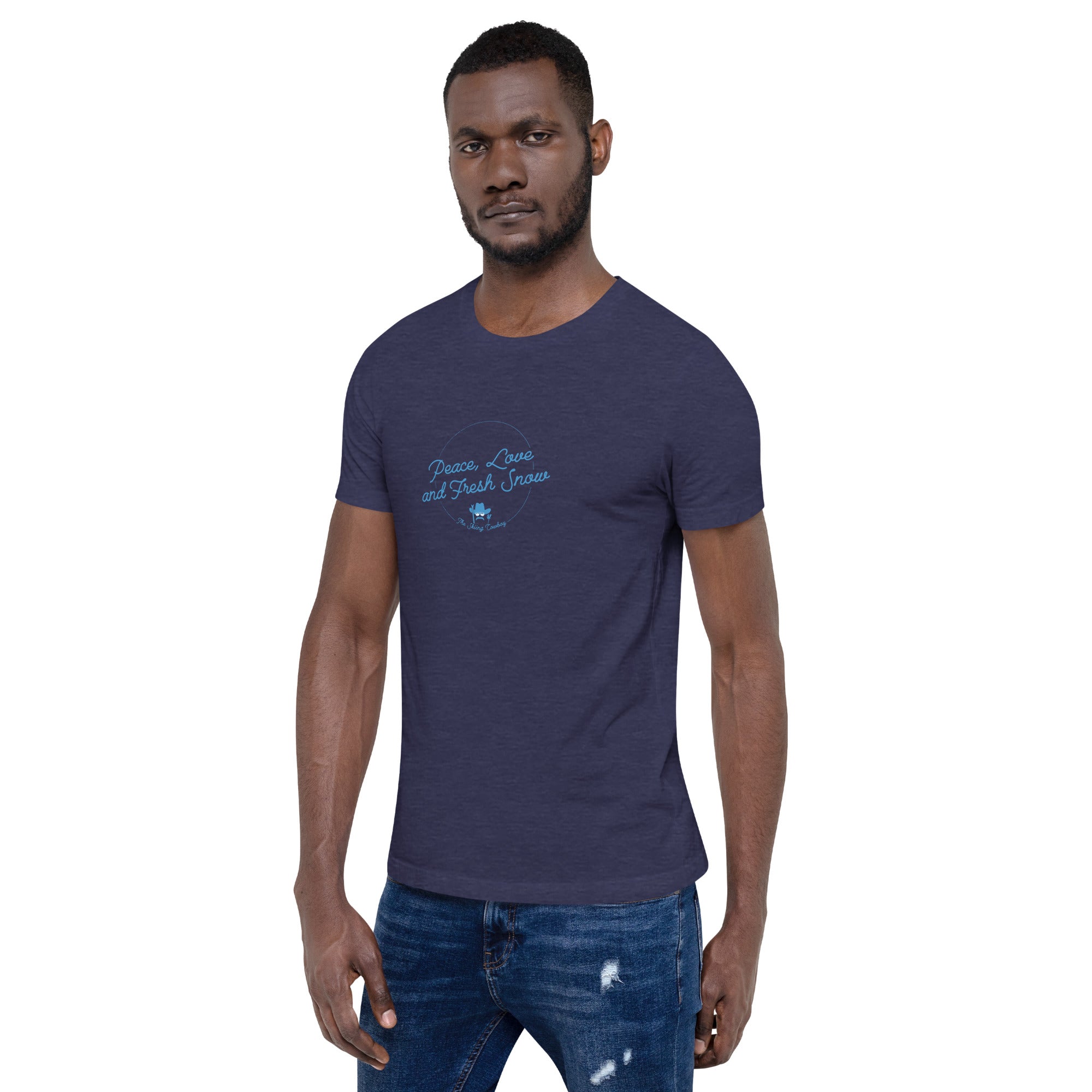 T-shirt en coton unisexe Peace, Love and Fresh Snow sur couleurs chinées foncées