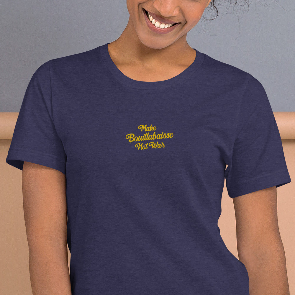 Unisex t-shirt Make Bouillabaisse Not War Text Only gold embroidered pattern on dark heather colors