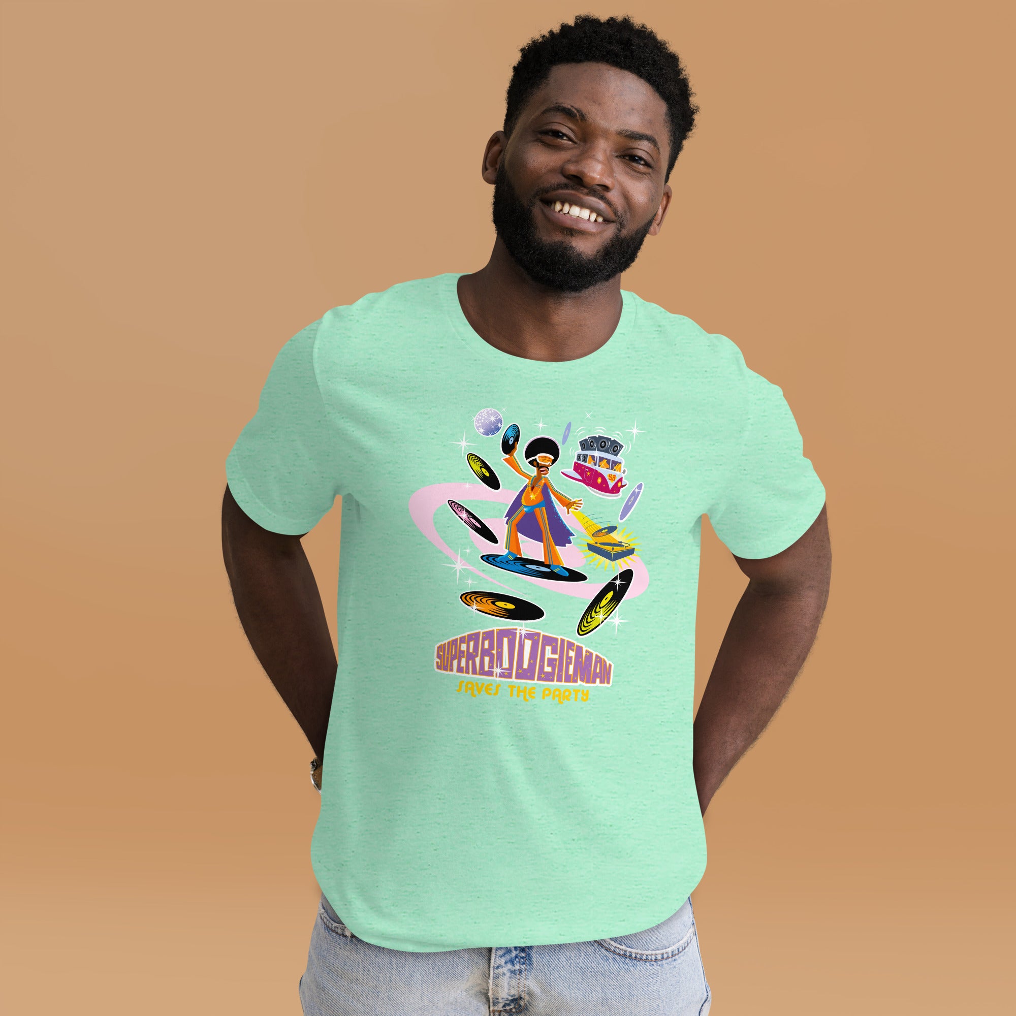 Unisex t-shirt Superboogieman saves the Party on light heather colors
