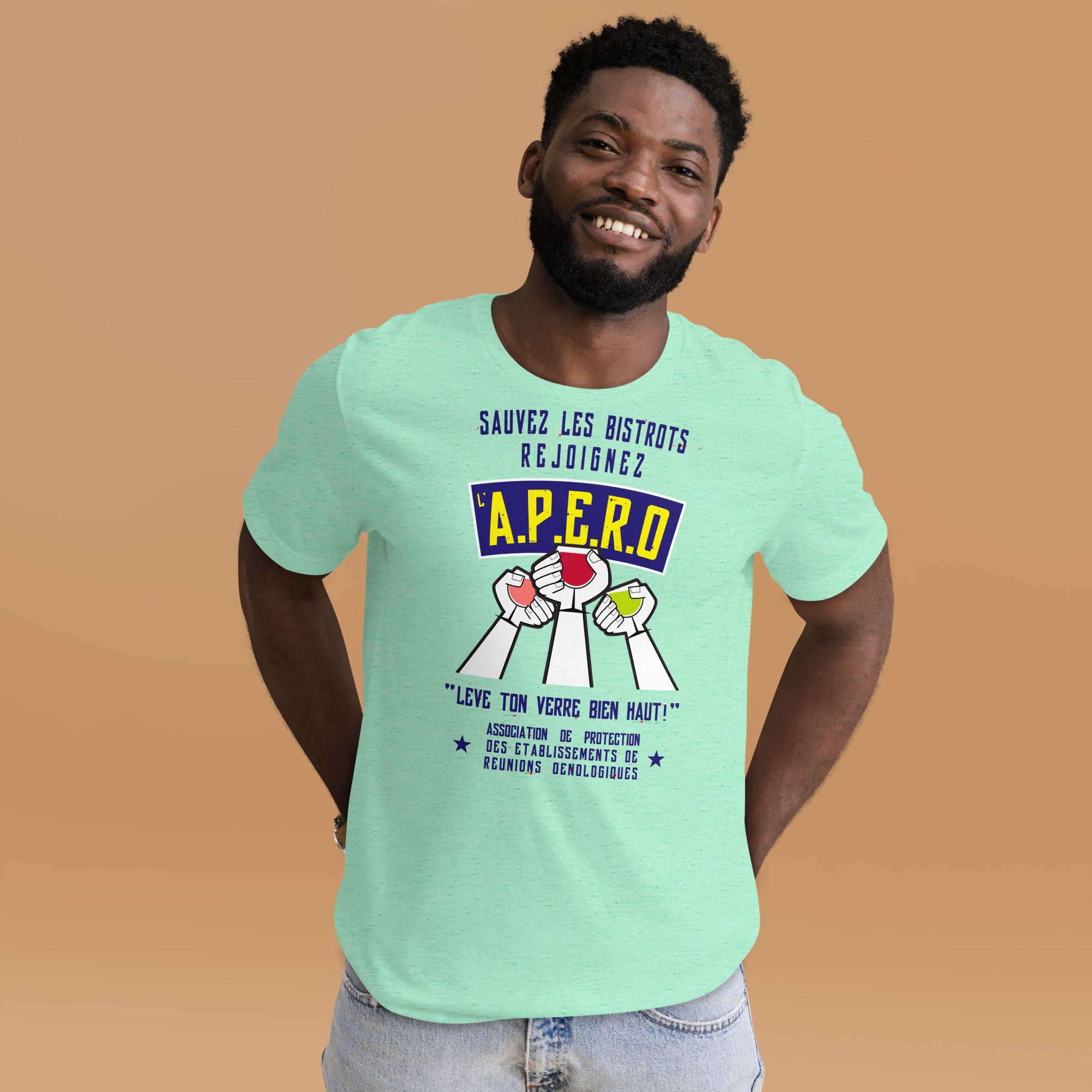 Unisex cotton t-shirt Sauvez les Bistrots, rejoignez l'Apéro on light heather colors