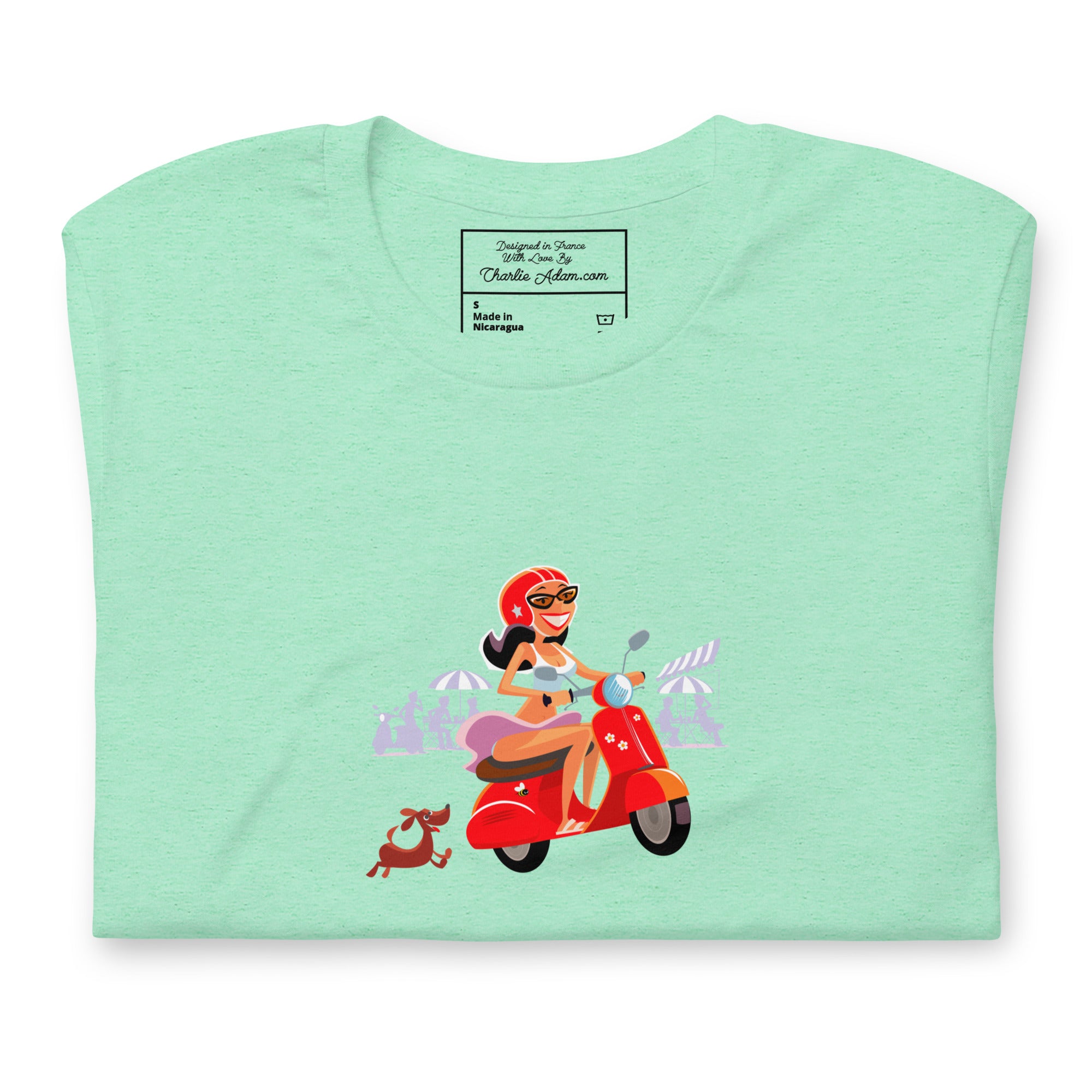 T-shirt en coton unisexe Vespa Girl in St Tropez sur couleurs chinées claires