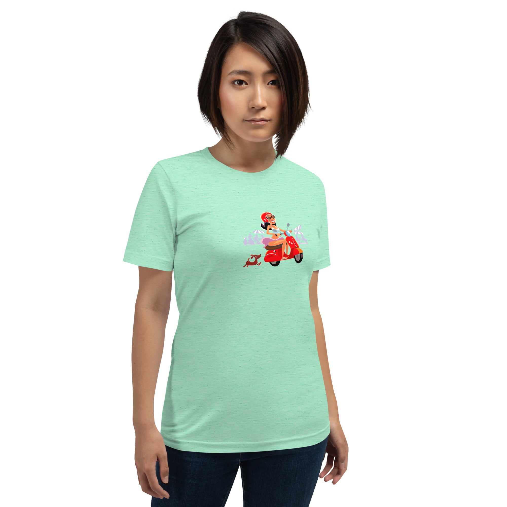 T-shirt en coton unisexe Vespa Girl in St Tropez sur couleurs chinées claires