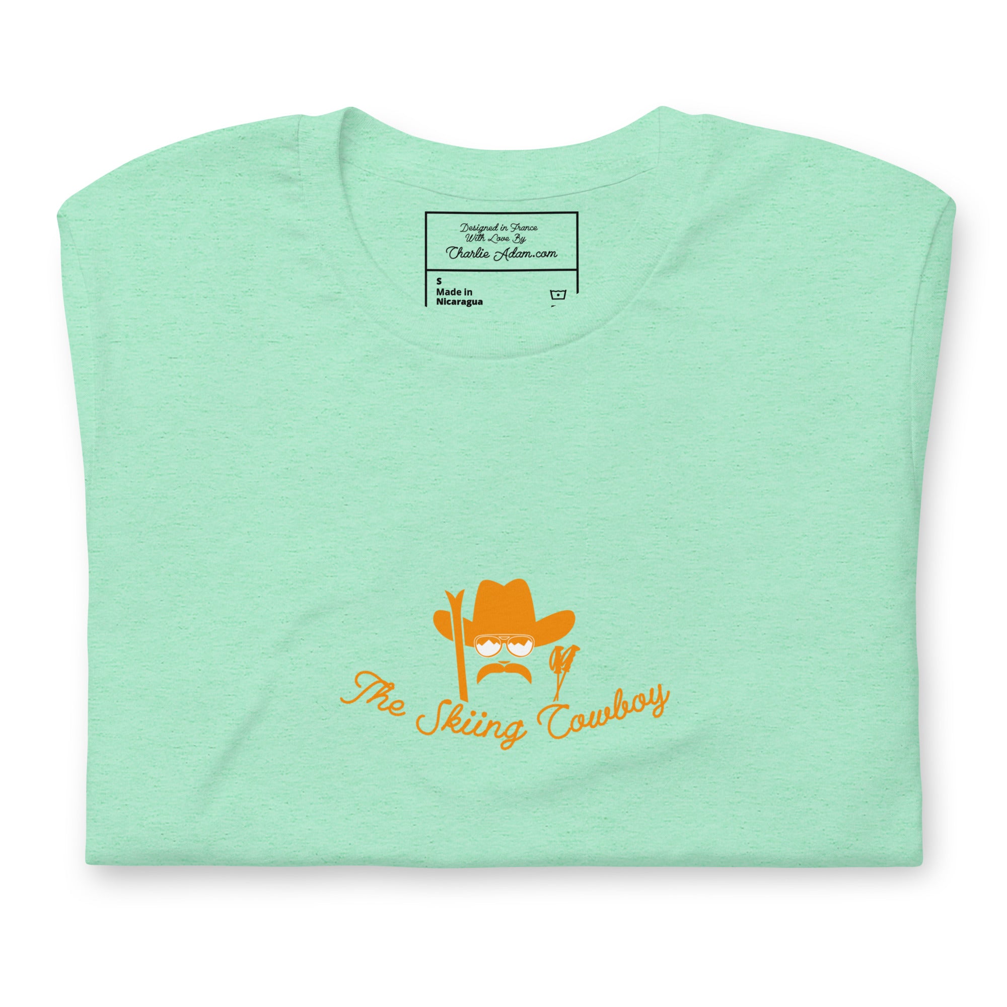 T-shirt en coton unisexe Skiing Cowboy (face) & Ski Fight at OK Corral Outline (dos) sur couleurs chinées claires