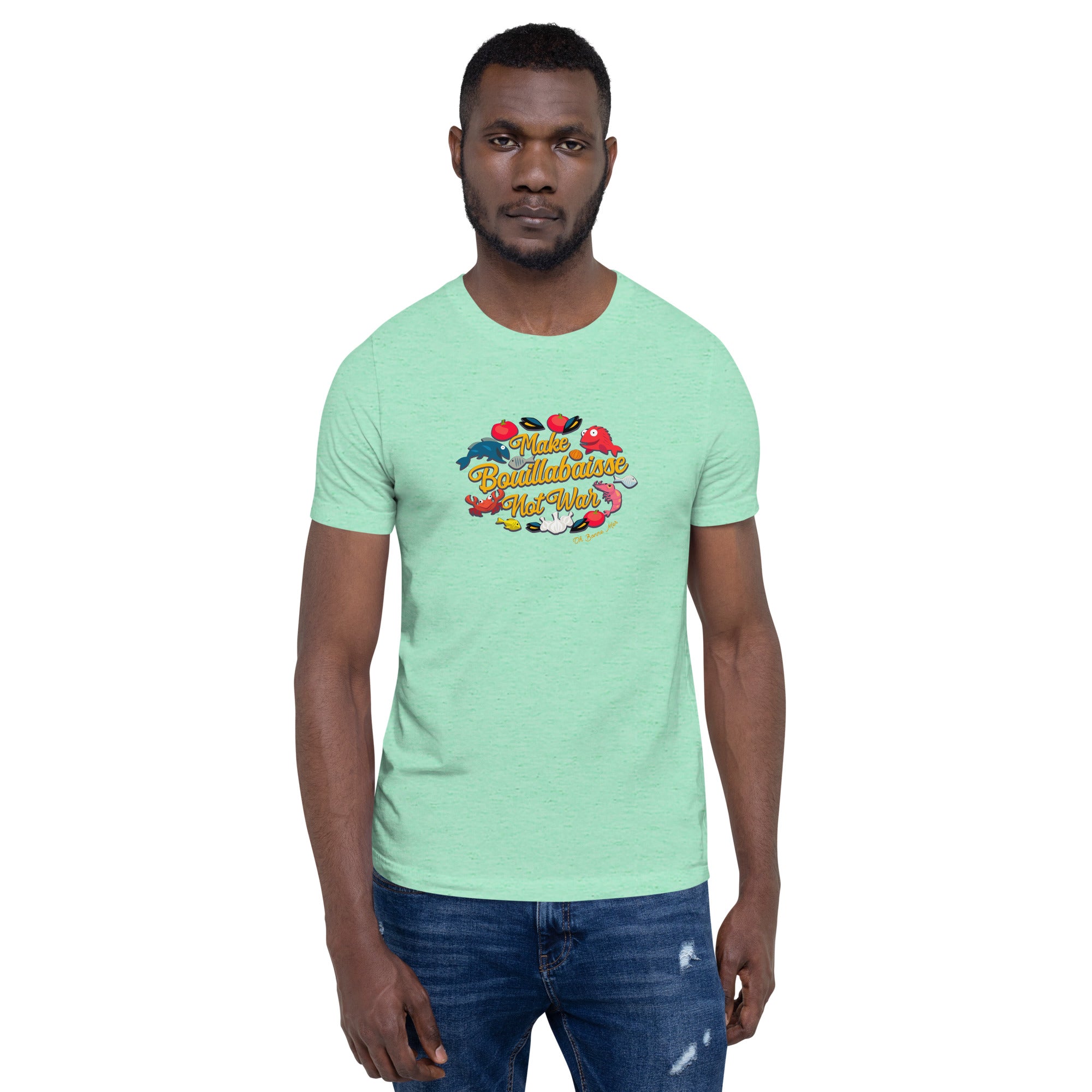 T-shirt en coton unisexe Make Bouillabaisse Not War sur couleurs chinées claires