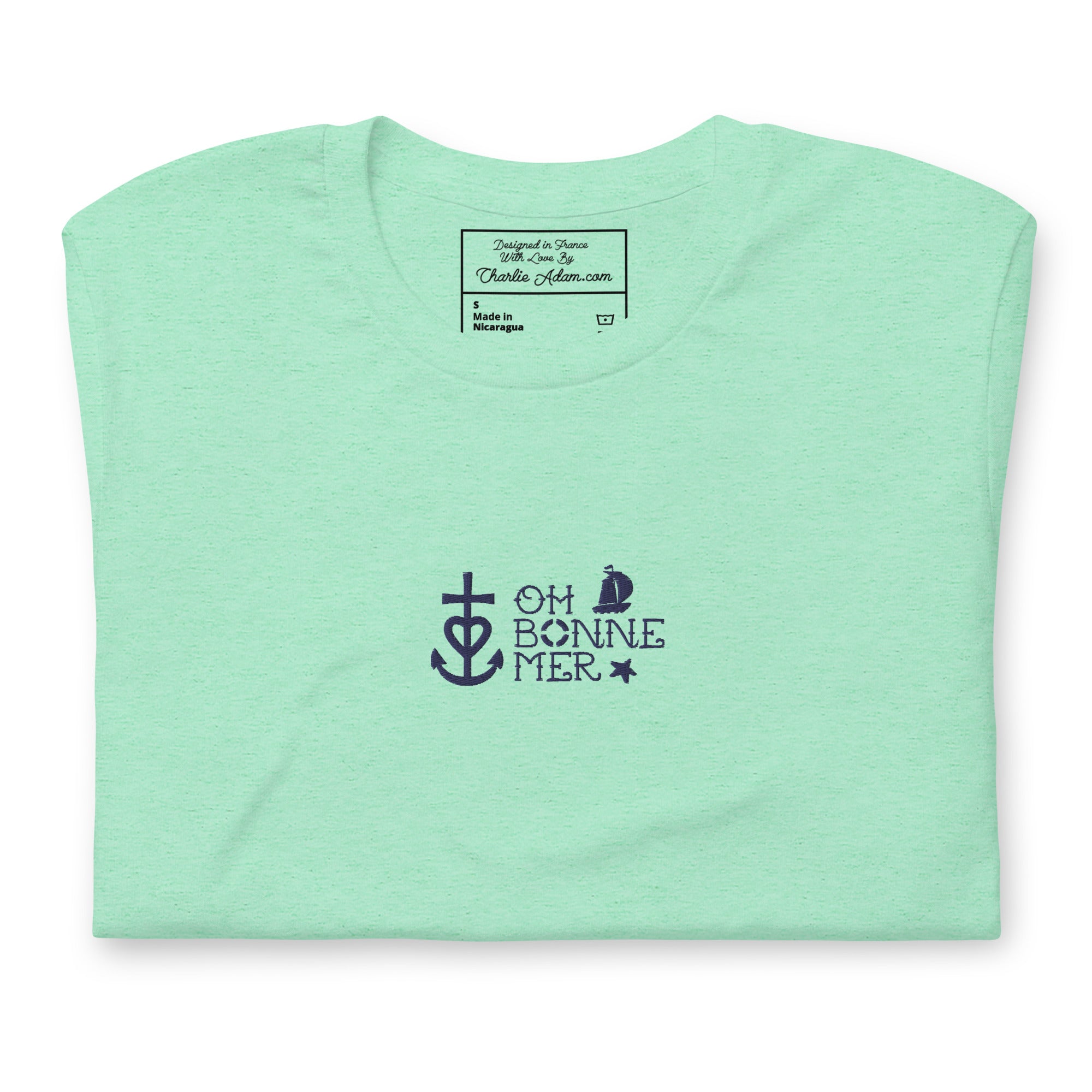 T-shirt en coton unisexe Oh Bonne Mer 2 navy brodé sur couleurs chinées claires