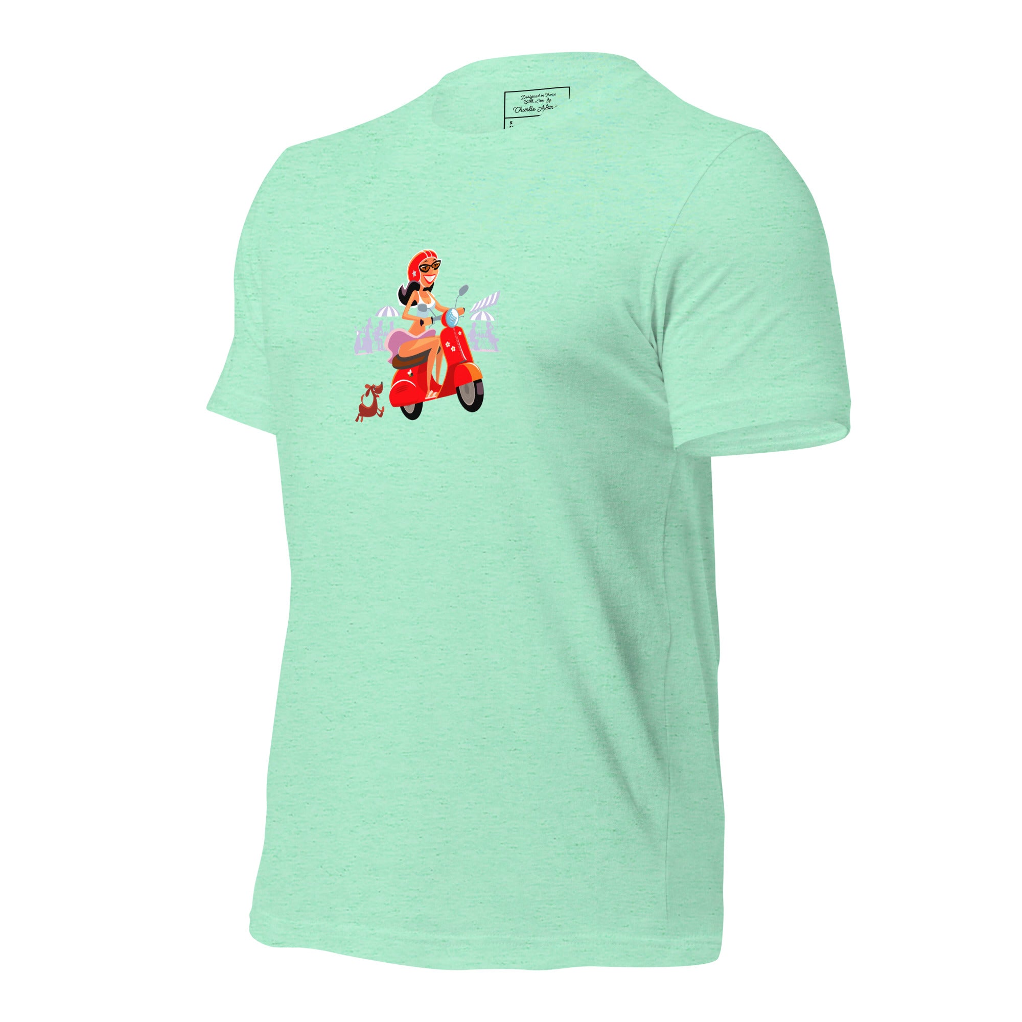 T-shirt en coton unisexe Vespa Girl in St Tropez sur couleurs chinées claires