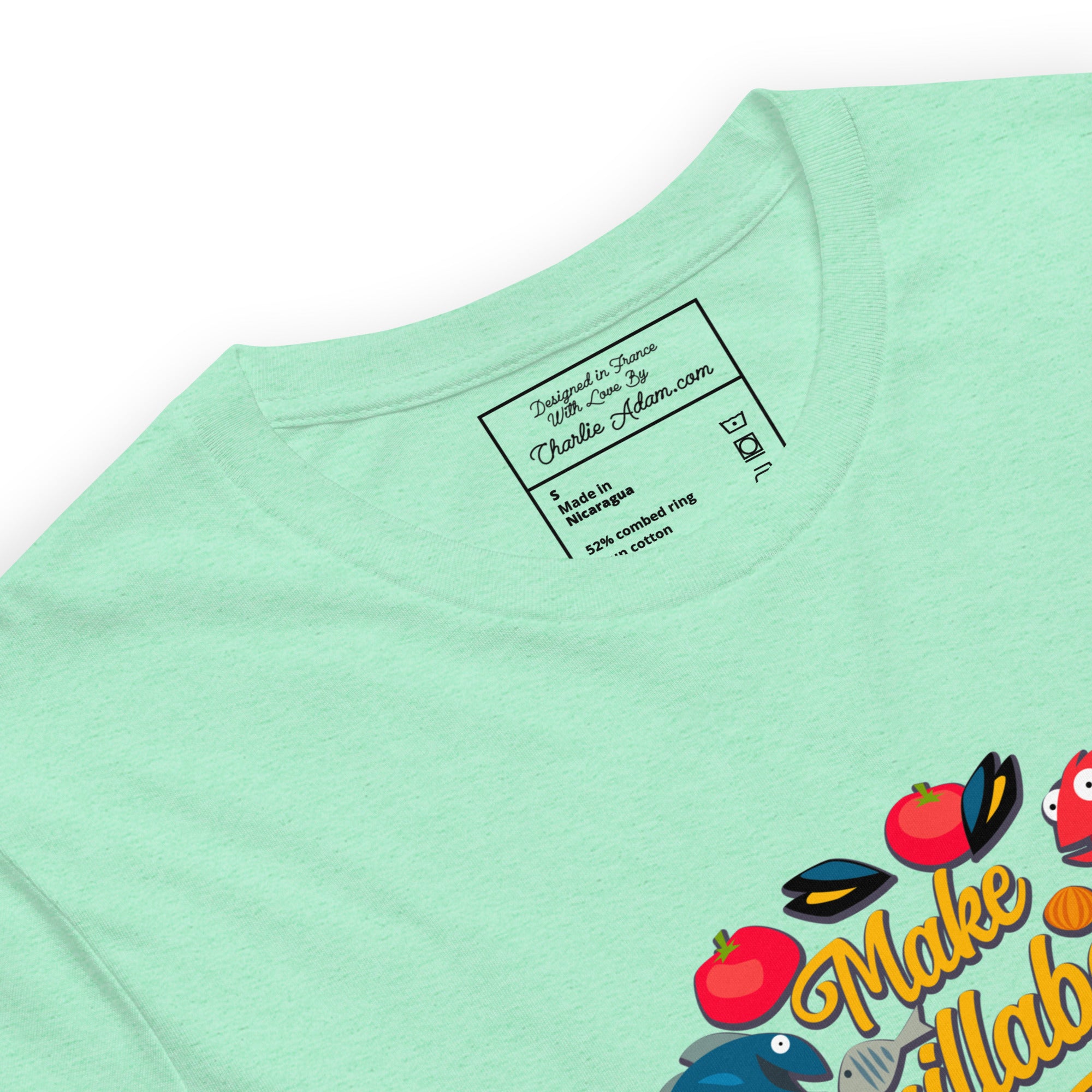 T-shirt en coton unisexe Make Bouillabaisse Not War sur couleurs chinées claires