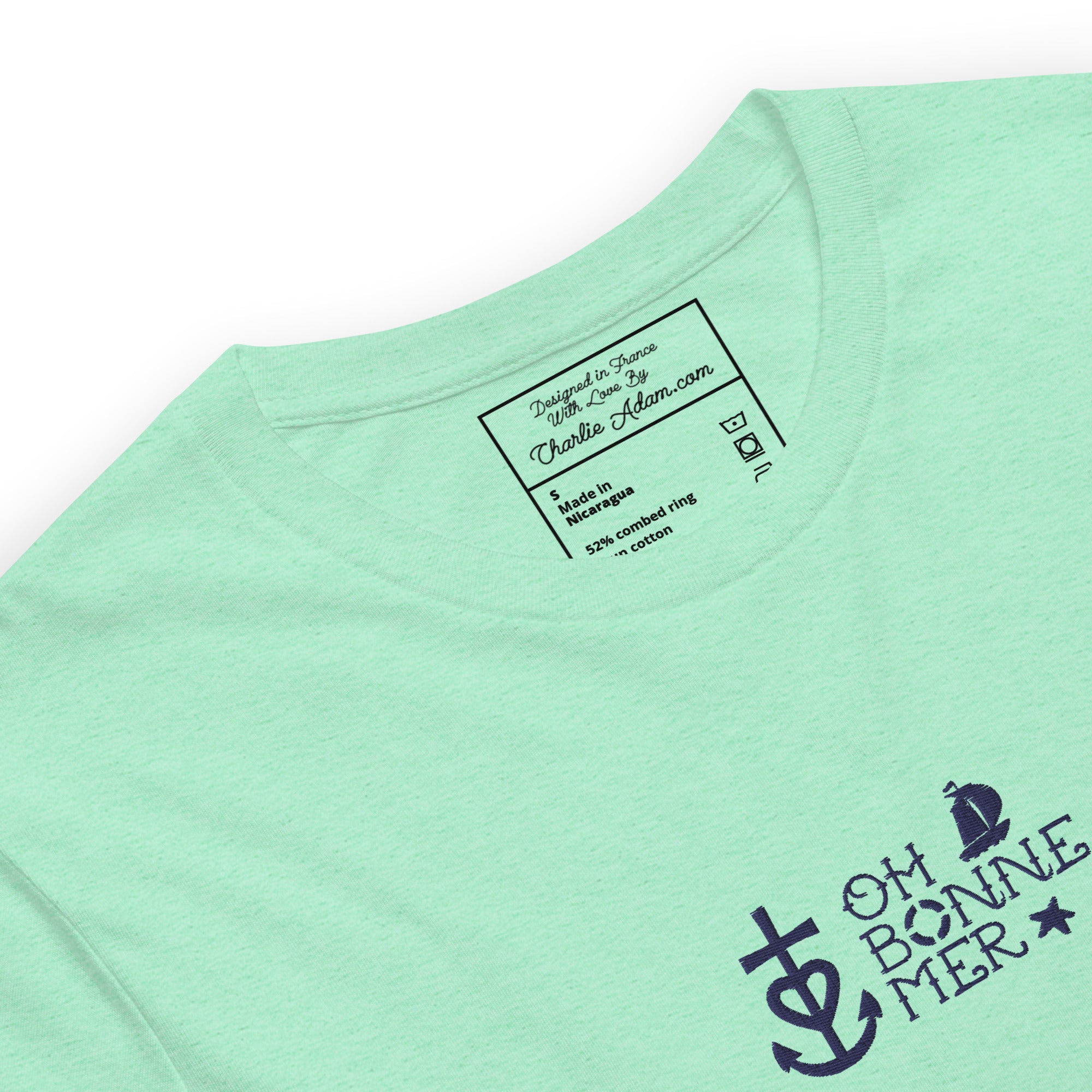 T-shirt en coton unisexe Oh Bonne Mer 2 navy brodé sur couleurs chinées claires