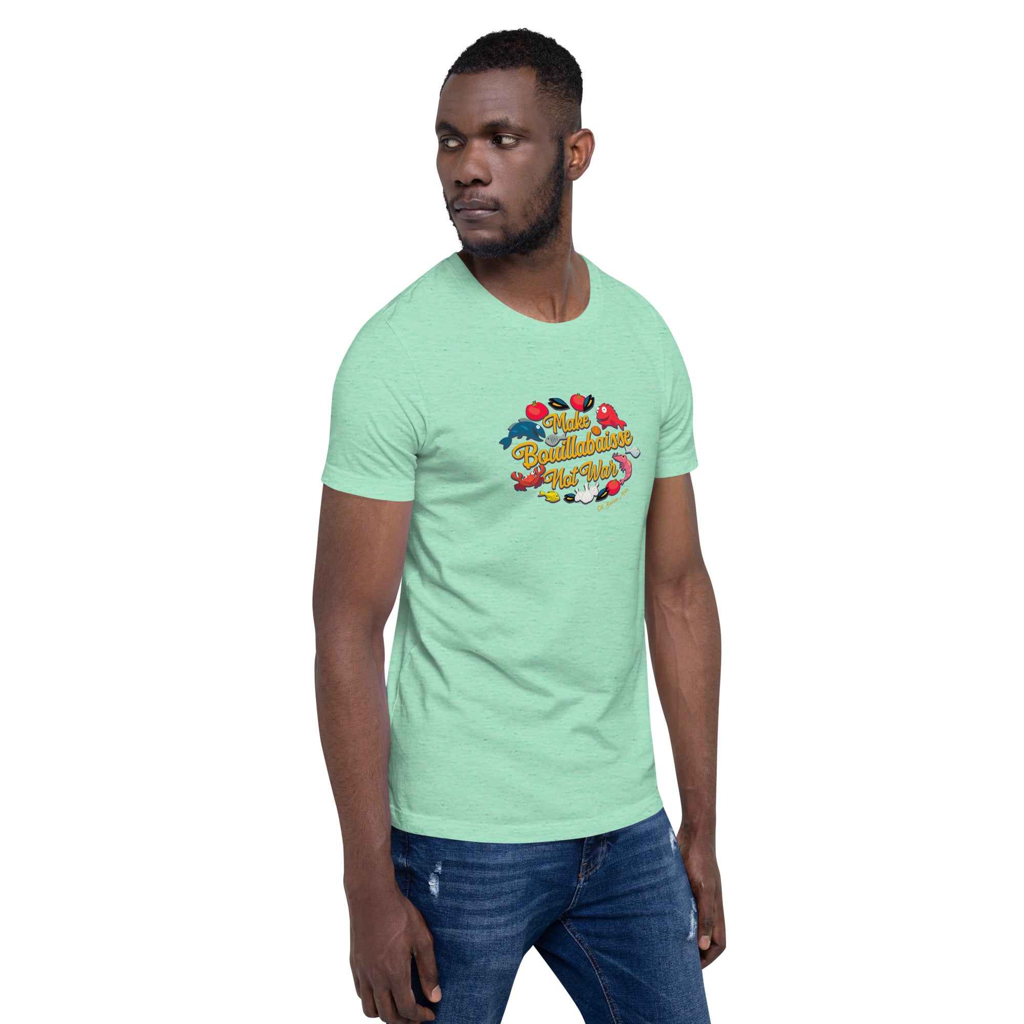 T-shirt en coton unisexe Make Bouillabaisse Not War sur couleurs chinées claires