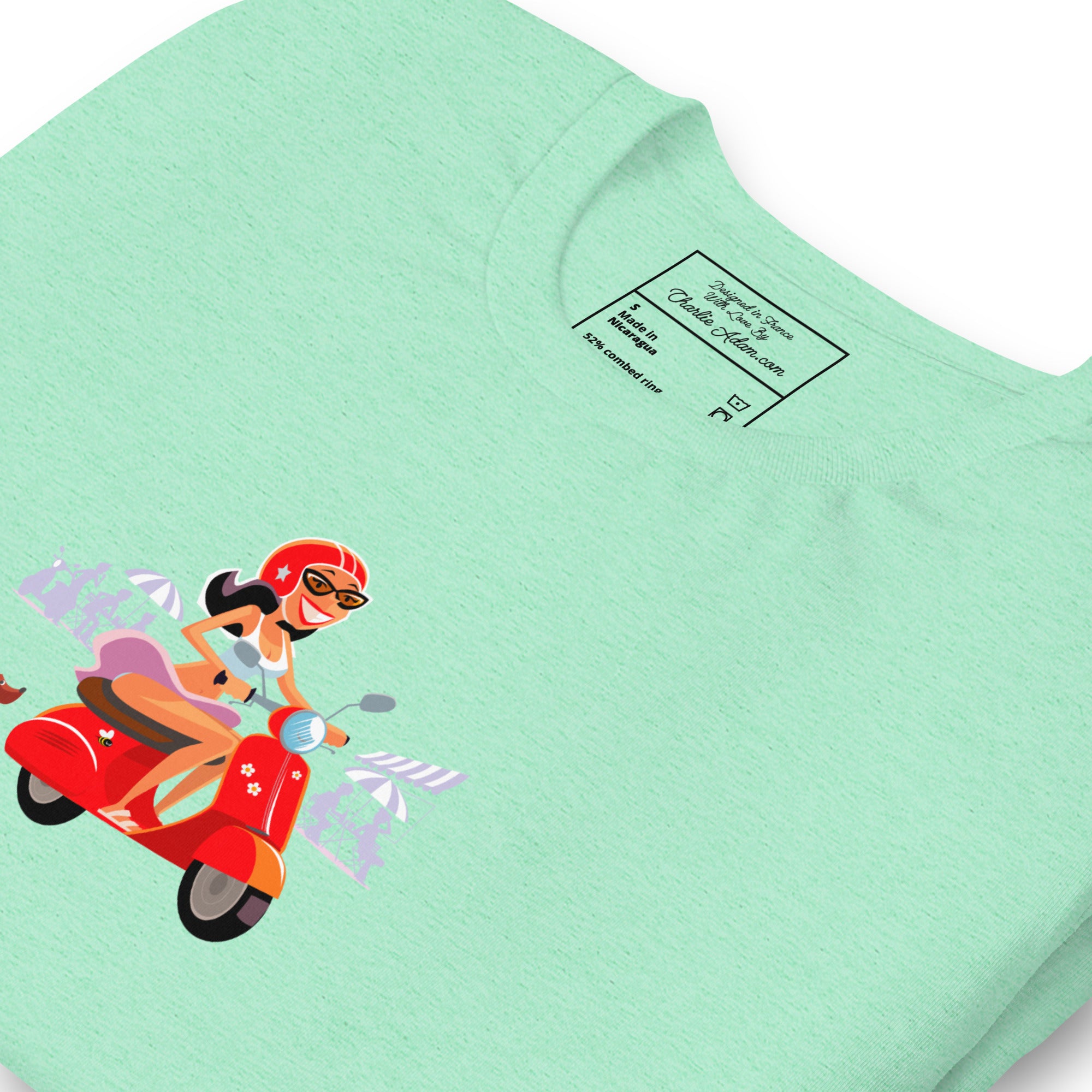 T-shirt en coton unisexe Vespa Girl in St Tropez sur couleurs chinées claires