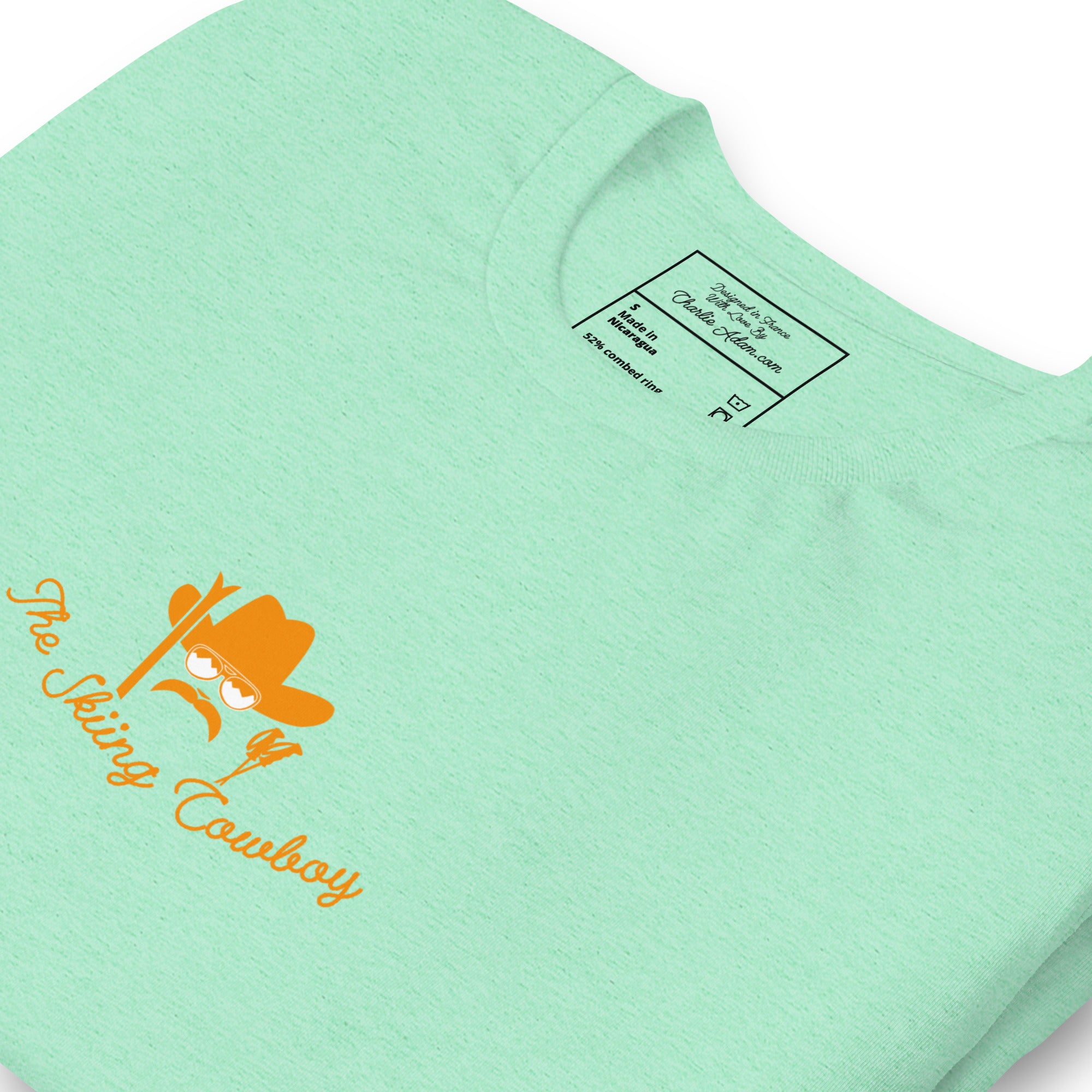 T-shirt en coton unisexe Skiing Cowboy (face) & Ski Fight at OK Corral Outline (dos) sur couleurs chinées claires