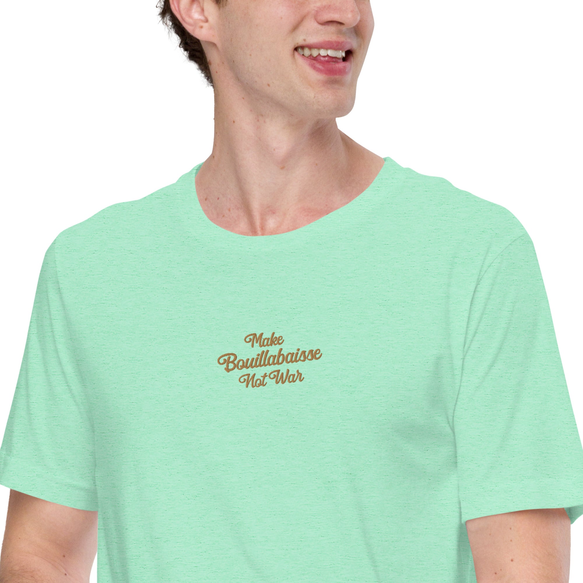 Unisex t-shirt Make Bouillabaisse Not War Text Only old gold embroidered pattern on light heather colors