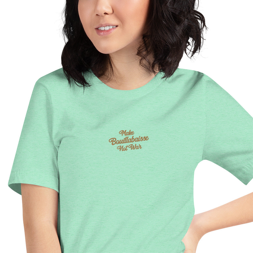 Unisex t-shirt Make Bouillabaisse Not War Text Only old gold embroidered pattern on light heather colors
