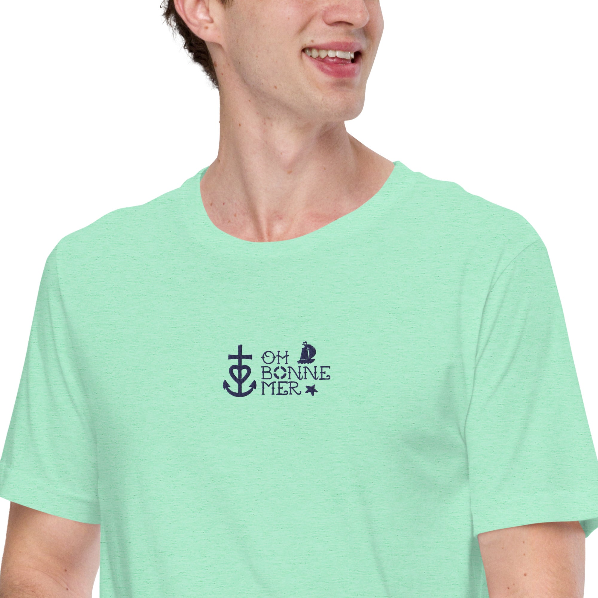 T-shirt en coton unisexe Oh Bonne Mer 2 navy brodé sur couleurs chinées claires