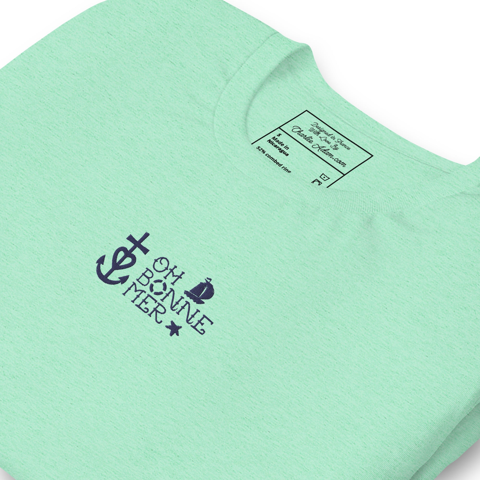 T-shirt en coton unisexe Oh Bonne Mer 2 navy brodé sur couleurs chinées claires