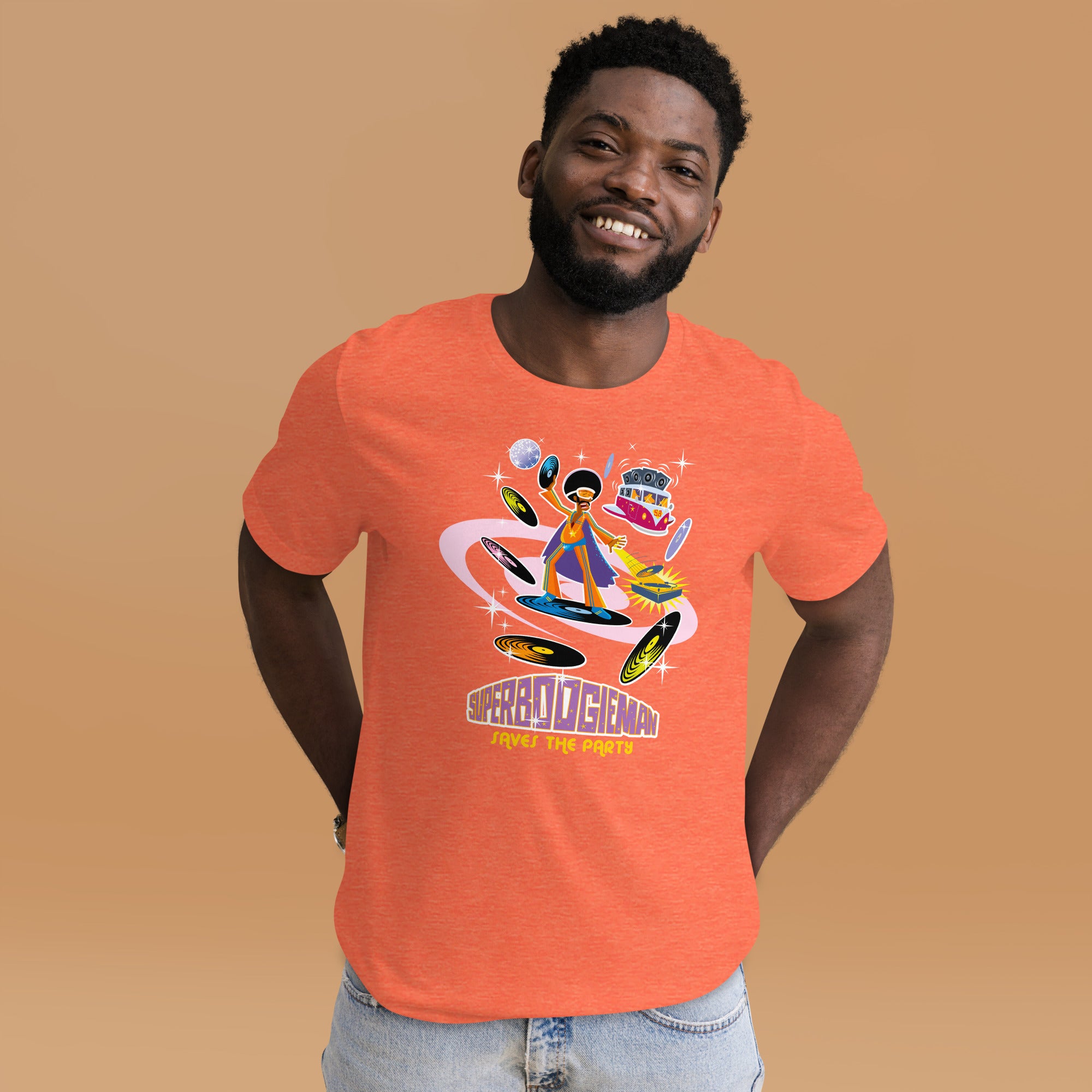 T-shirt en coton unisexe Superboogieman saves the party sur couleurs chinées vives